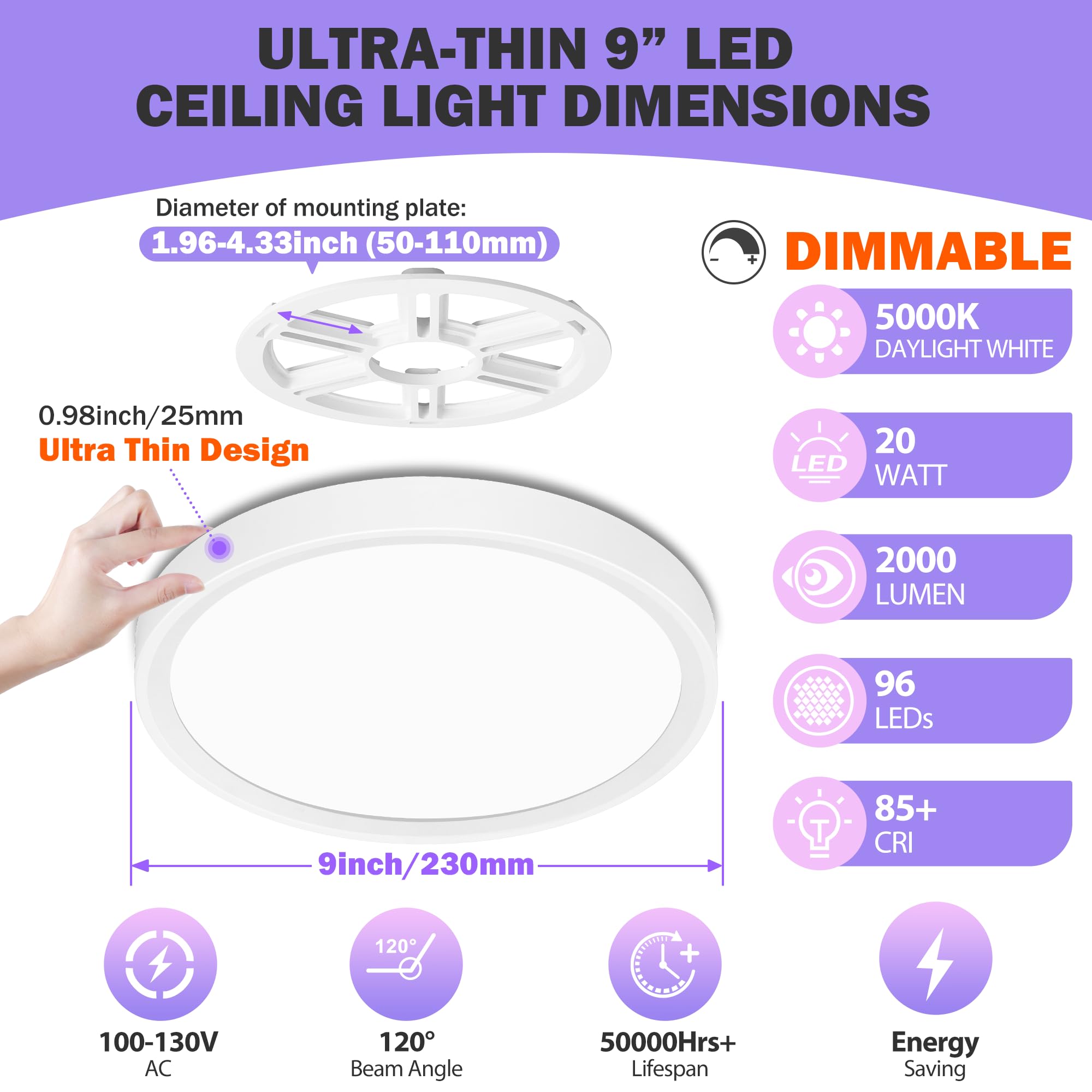 SunRider 9 Inch LED Flush Mount Ceiling Light, 2300LM, 5000K Daylight White, Dimmable Modern Slim Design for Hallway - 4-Pack