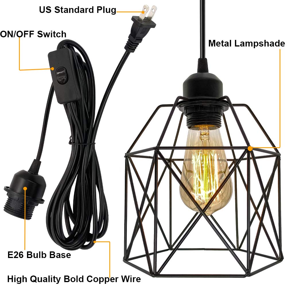 Industrial Plug In Pendant Light, Black Cage Pendant Light Fixture With On/Off Switch, E26 Socket Vintage Hanging Light, Farmhou