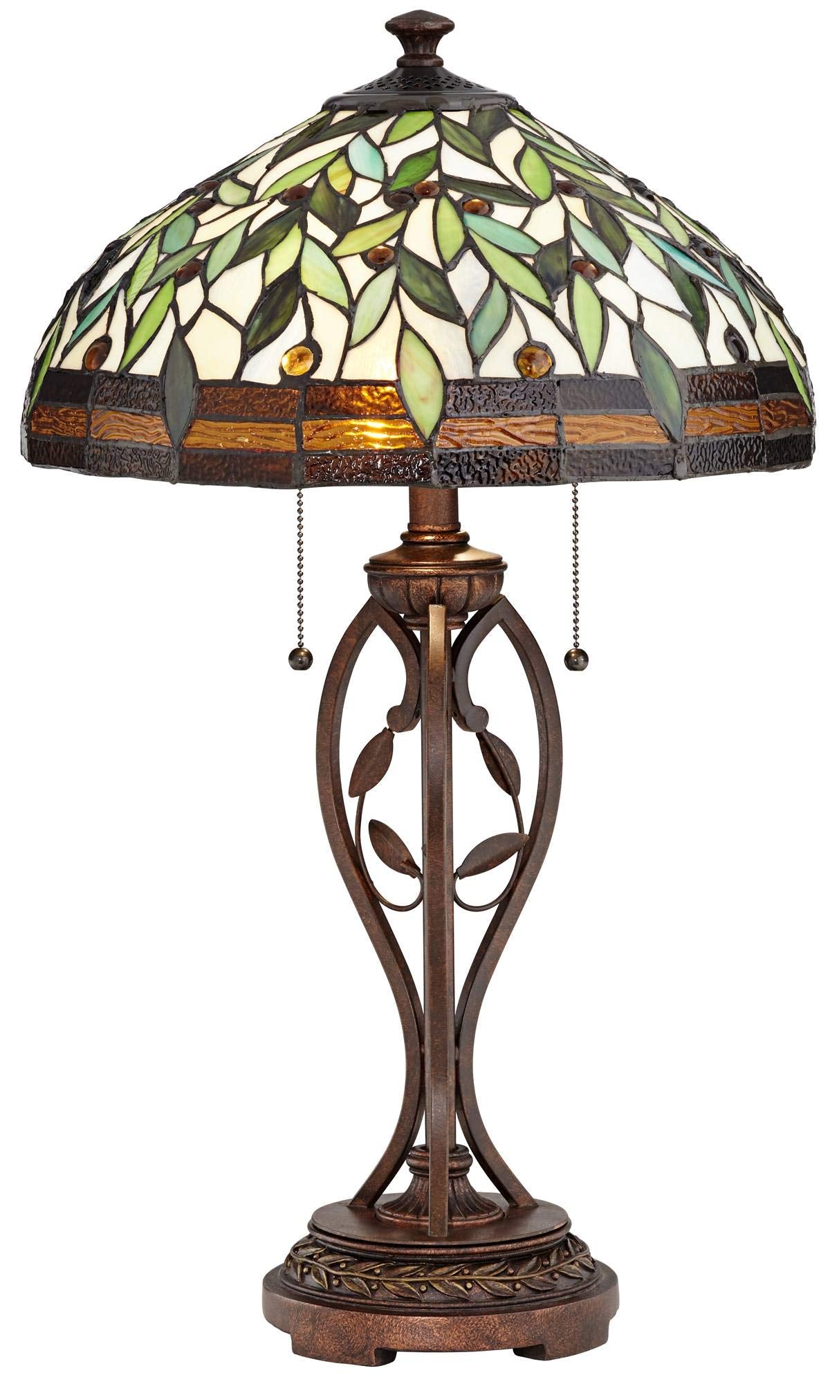 Robert Louis Tiffany Table Lamp - 26" High, Antique Glass Shade, Green Leaf and Vine Design, Ideal for Living Room or Bedroom, Model 7Y689
