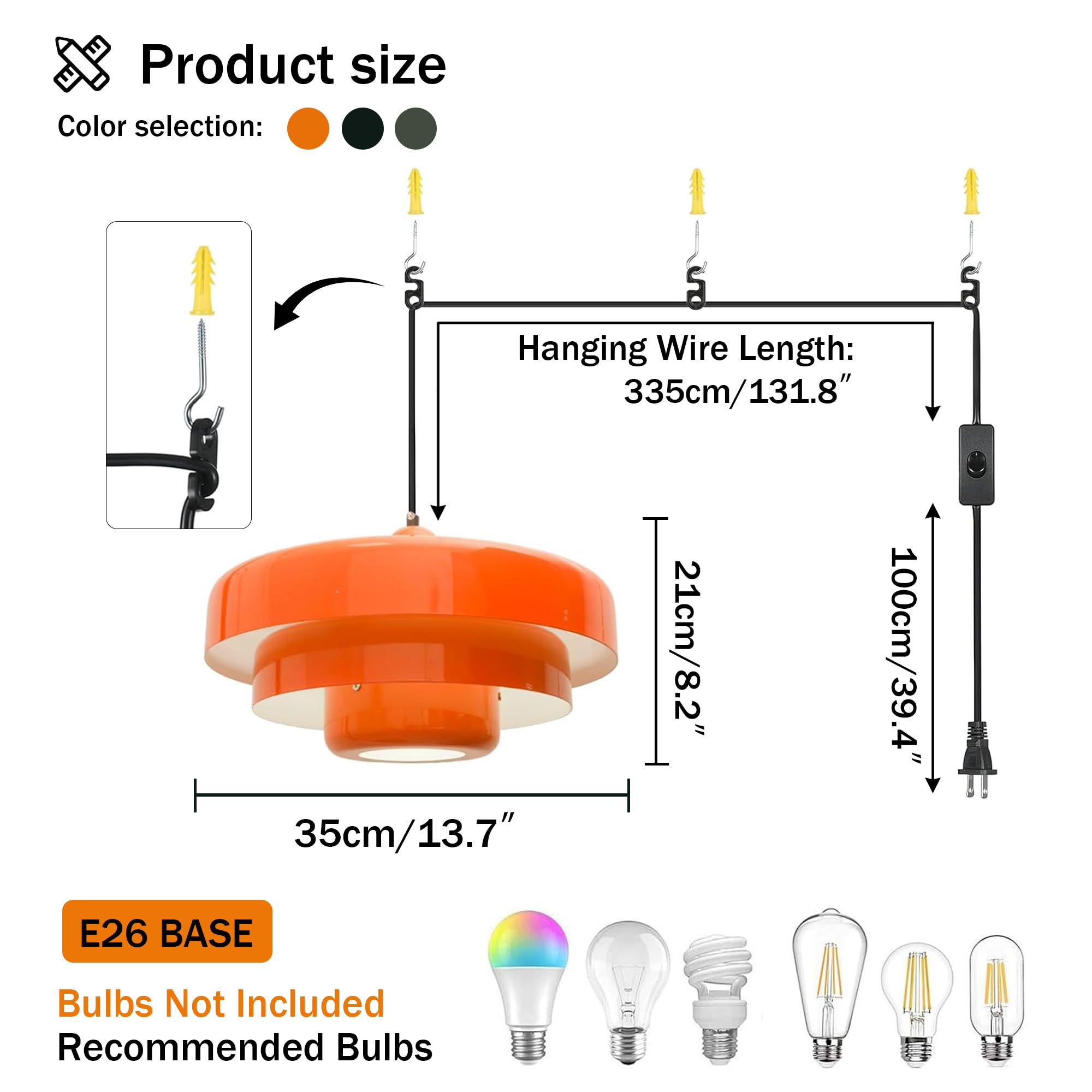 DoungRos Mid Century Plug in Pendant Light - Orange Metal Shade, On/Off Switch, Nordic Style, DR011 for Living Room, Dining, Bedroom, Kitchen
