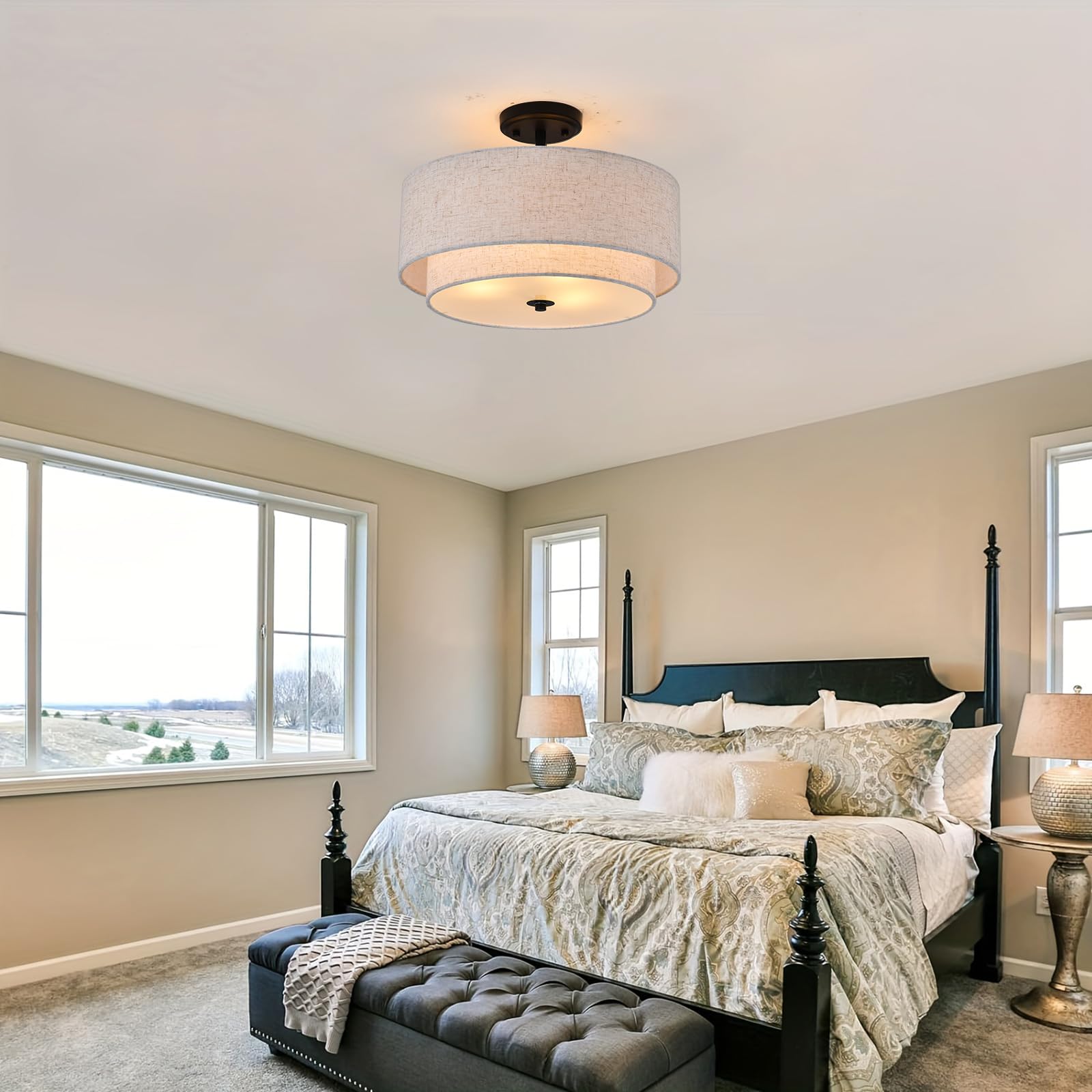 3-Light Semi Flush Mount Ceiling Light Fixture, 16" Black Drum Light Fixture With 2-Laye Fabric Shade Lamps, Modern Close To Ceiling Light For Bedroom Living Dining Room Kitchen Hallway Entryway