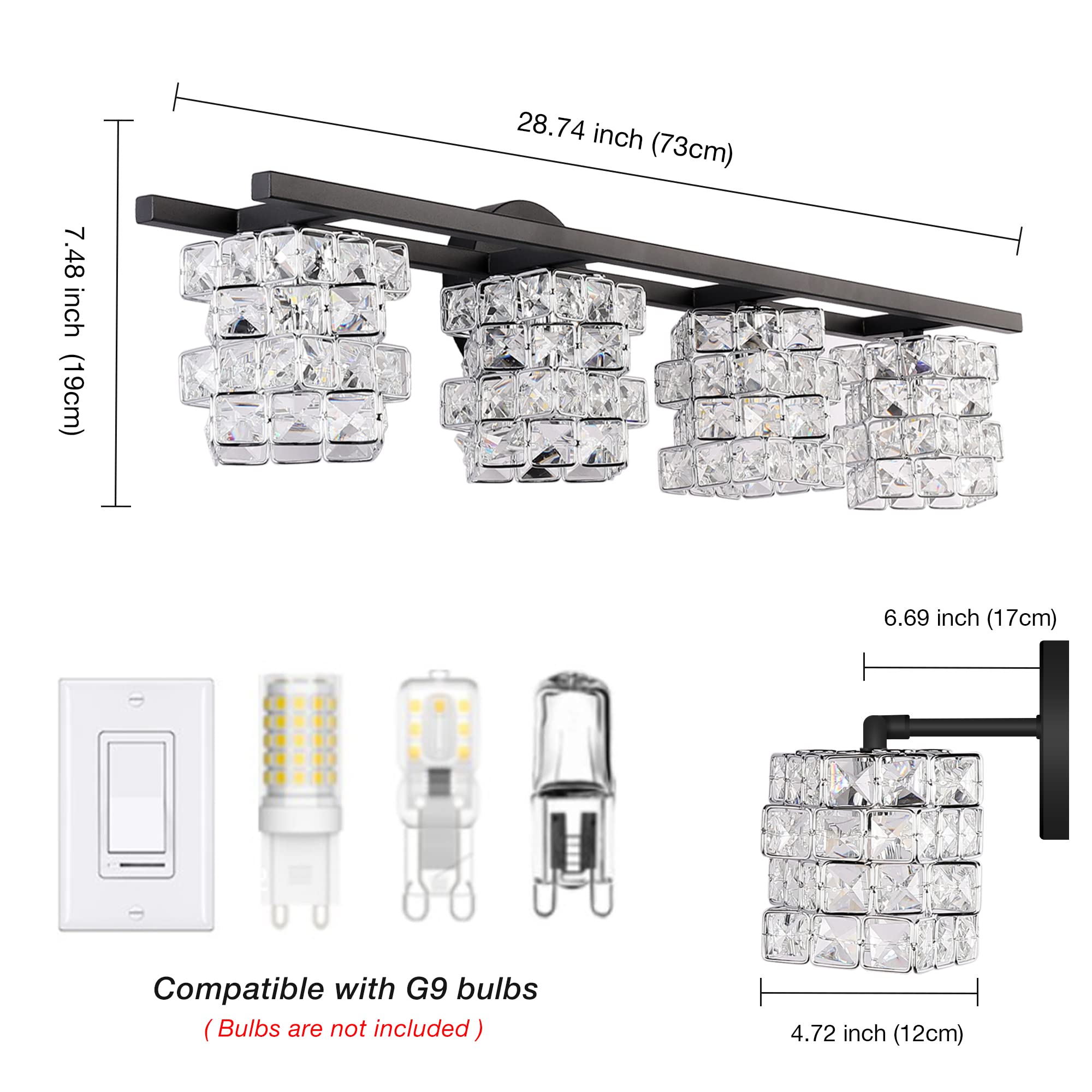 BDL Bathroom Vanity Light Fixture, 4 Lights, Black Crystal Shade, Model 8800-4T, Modern Wall Sconce (Bulb Excluded)
