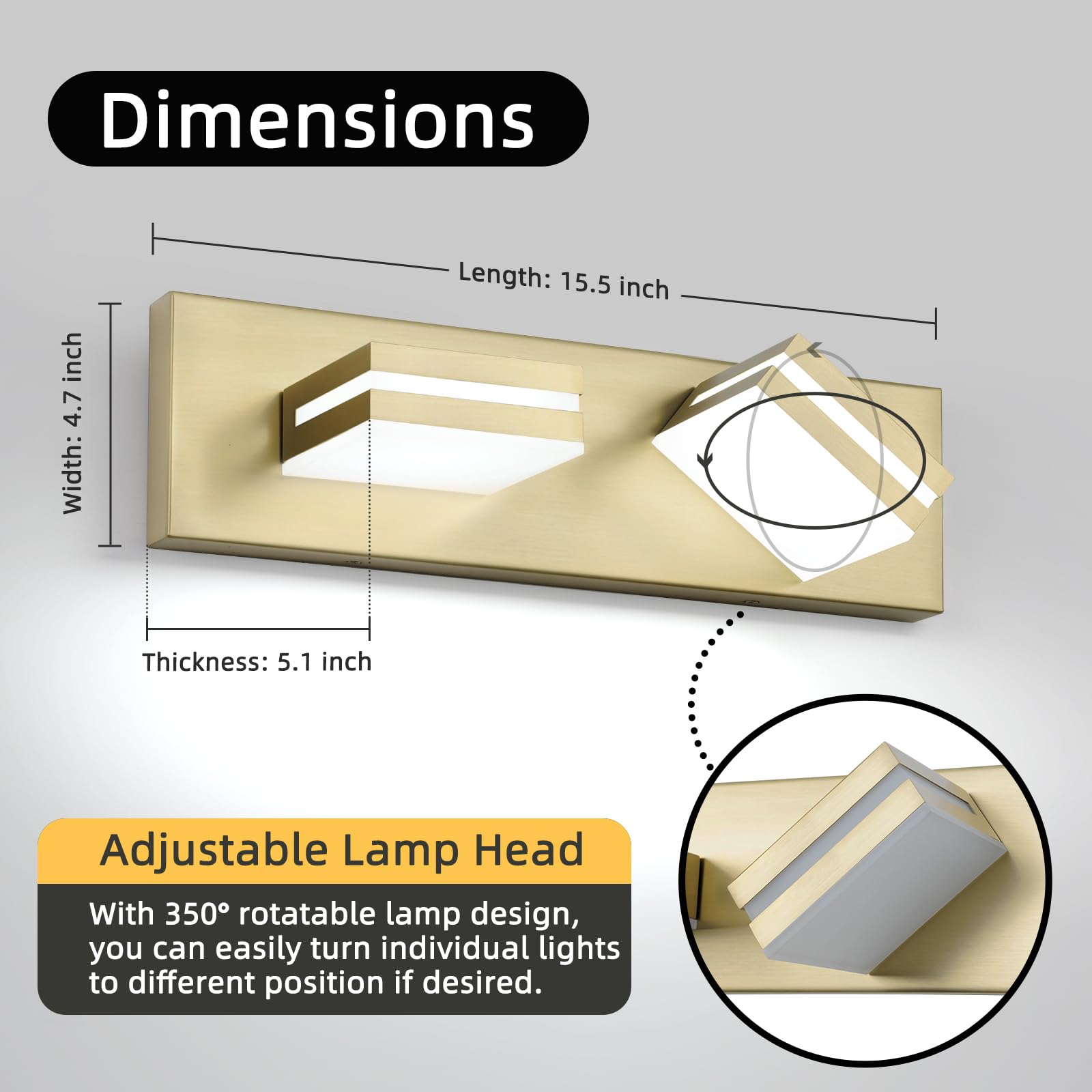 OKELI 2-Light Bathroom Vanity Light Fixtures, Gold Dimmable, 15.5 Inch, Aluminum, Model OK-9553-2T-GL, Modern Wall Mounted, 600
