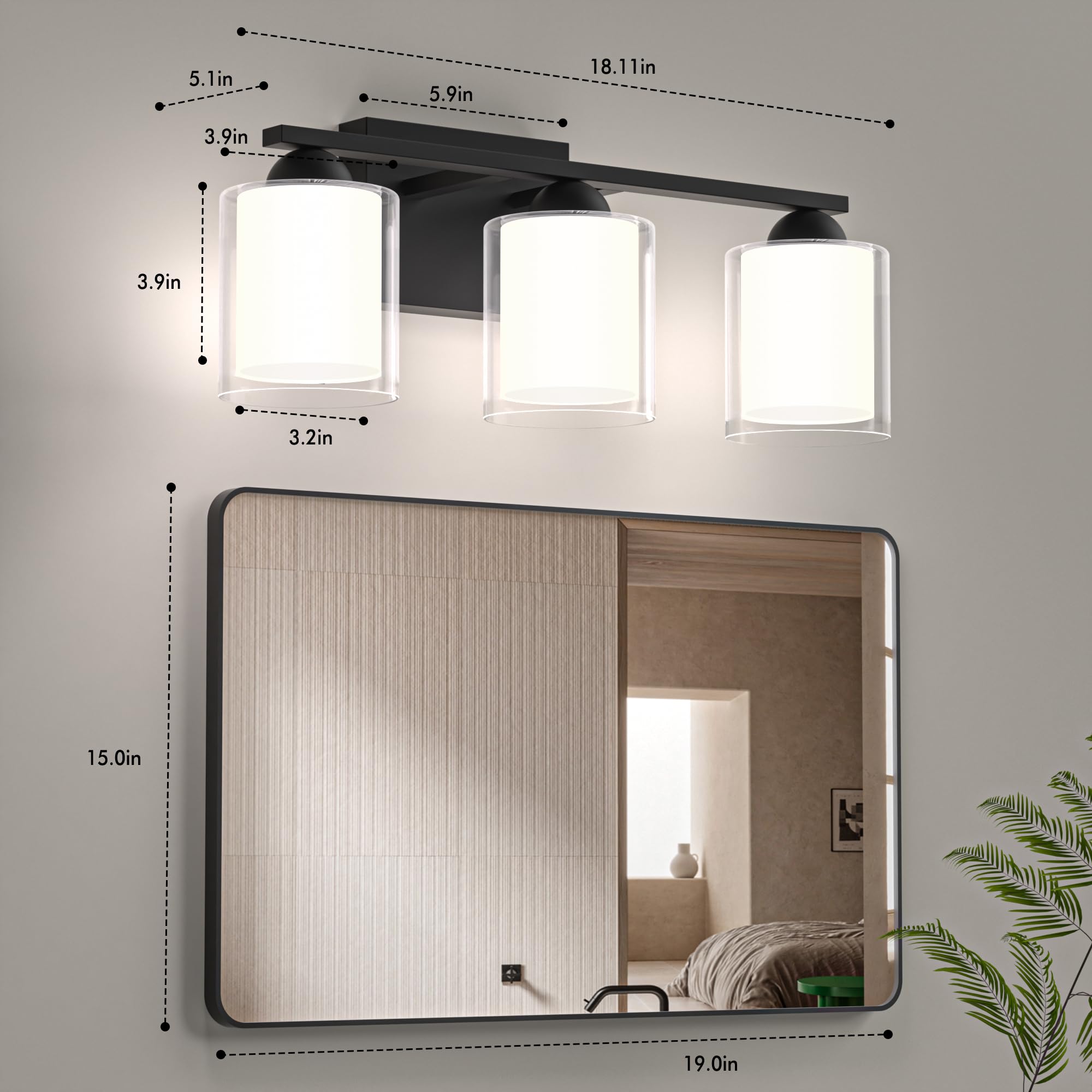 Quntis Bathroom Lighting Fixture - 3 Light Dimmable LED, 21W, 5 Color Modes, Black & Clear, 16 Inch, Metal