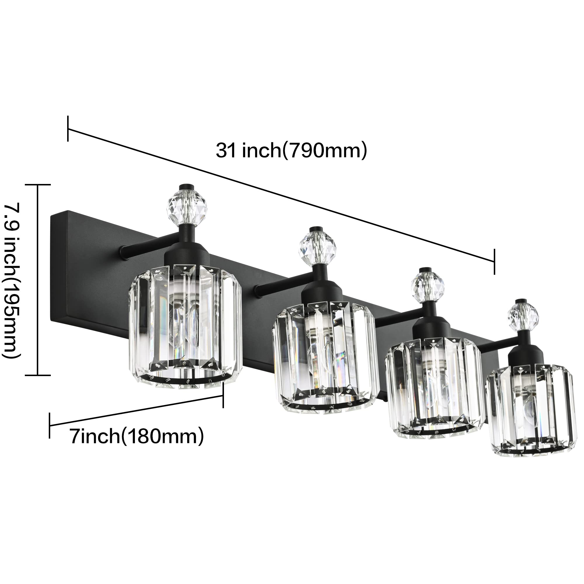 PRESDE Modern Crystal Vanity Light - 4-Light Bath Fixture, Matte Black, Metal Design for Bathroom Over Mirror Lighting