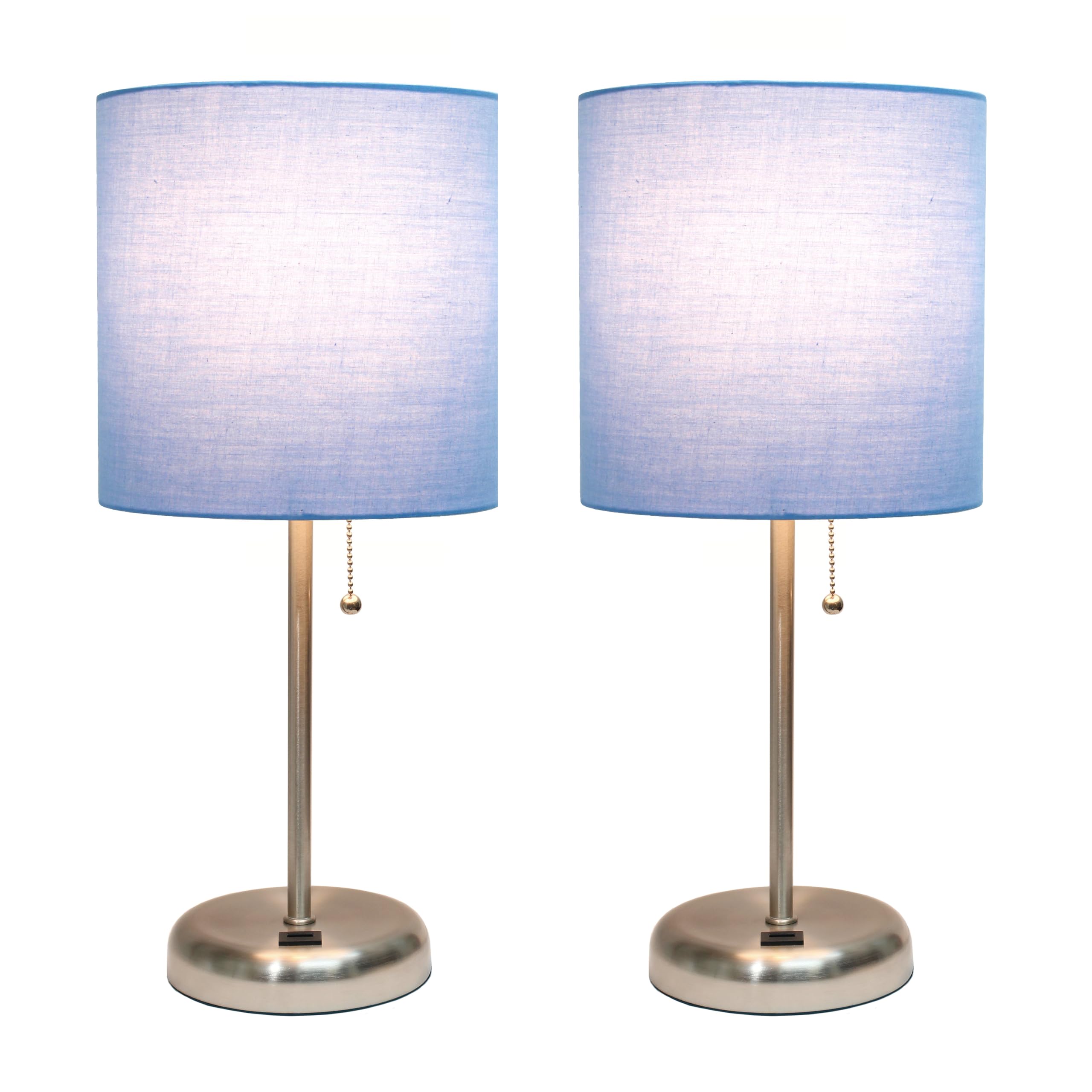 Simple Designs Lc2002-Blu-2Pk Brushed Steel Stick Table Lamp Set With Usb Charging Port And Blue Fabric Shades, 2 Pack Set