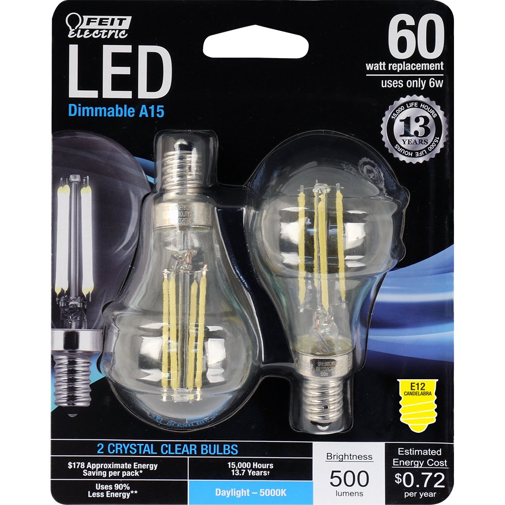 Feit Electric Decorative Glass Filament LED Bulb 60W Equivalent Dimmable A15 2 Count Candelabra Clear BPA1560C/850/LED/2