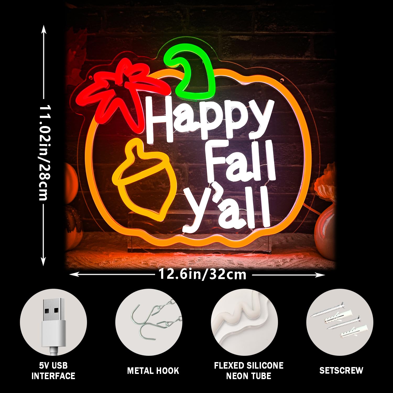 Happy Fall YAll Neon Sign Thanksgiving Pumpkin Neon Sign Thanksgiving Led Neon Light Sign Thanksgiving Decorations For Autumn Room Bedroom Table Wall Decor Kids Holiday Gift Usb Powered