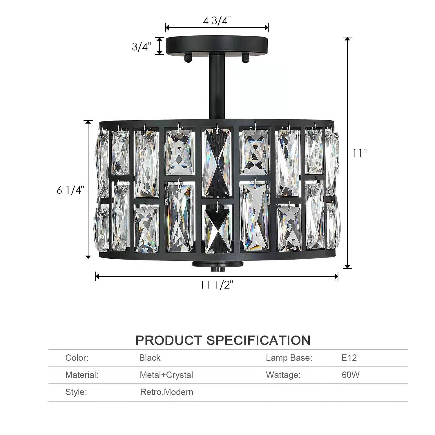 Mexo Black Farmhouse Crystal Semi Flush Mount Light Fixture, 3Lt Drum Shade For Home Decor