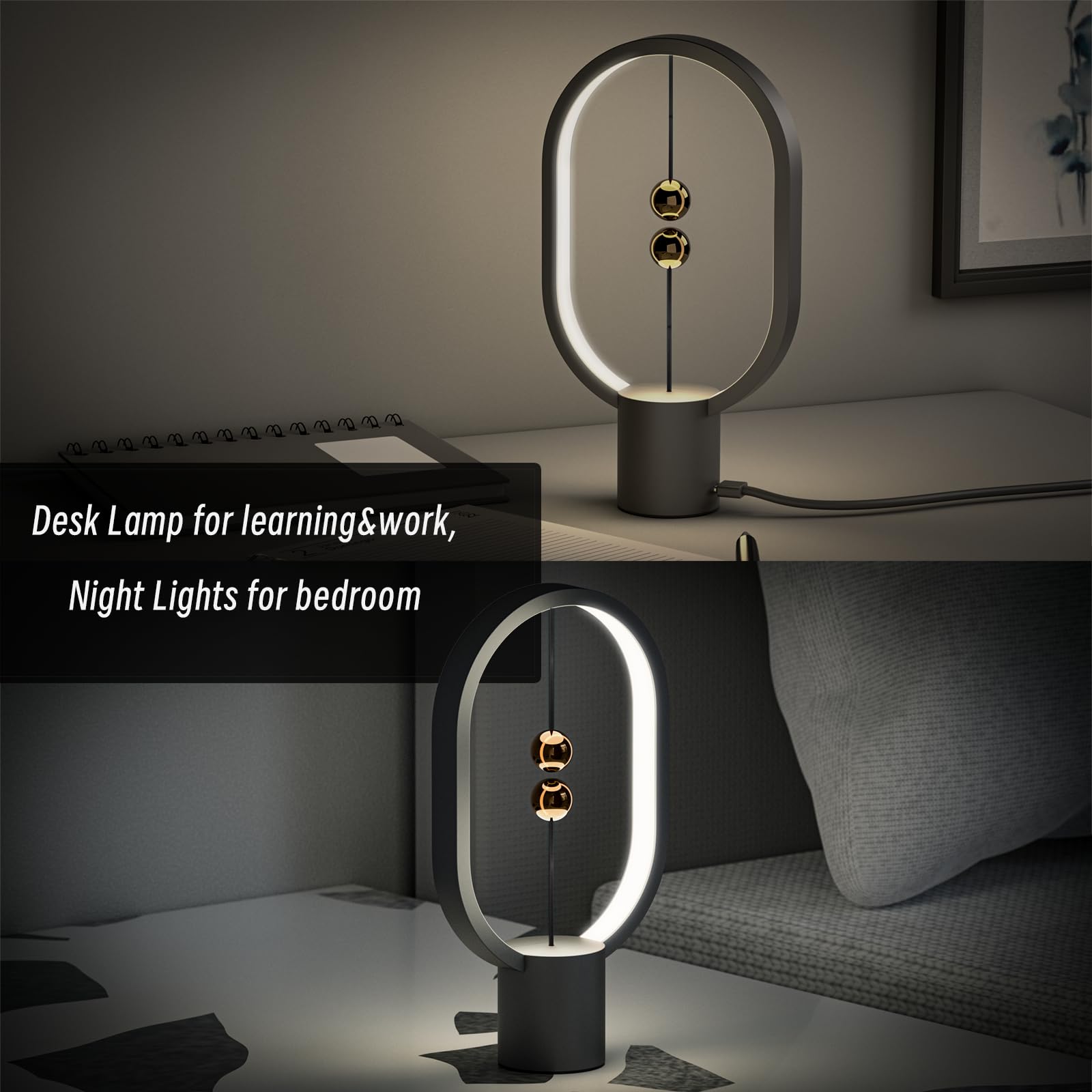 Xhope4U Small Table Lamp - Mini Balance Bedside Nightstand Plug In Night Light For Home, Office, College Dorm (Black)