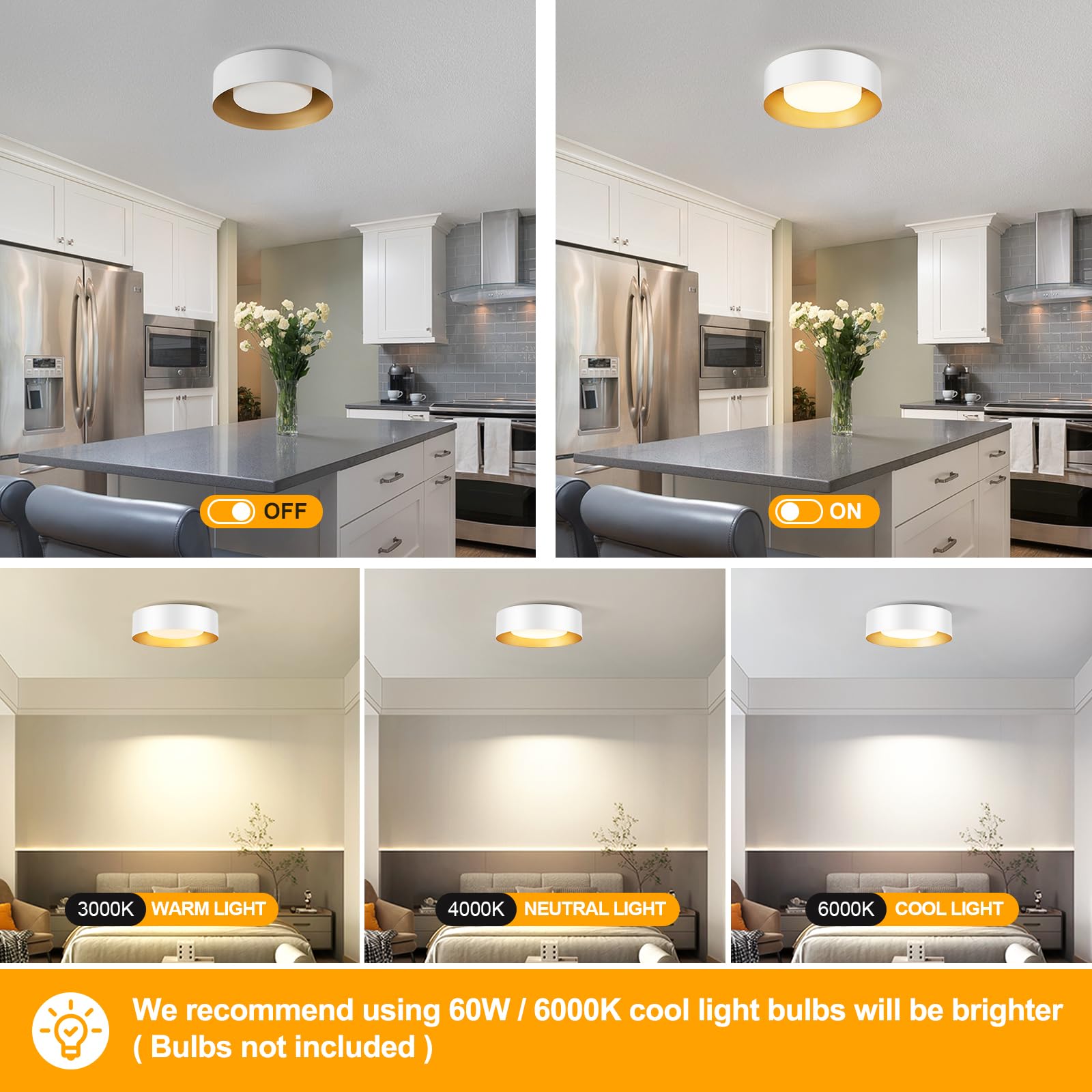 Goomavi Modern Flush Mount Ceiling Lights,Minimalist 12.5In Round Close To Ceiling Light Fixtures,White And Gold Metal Ceiling L