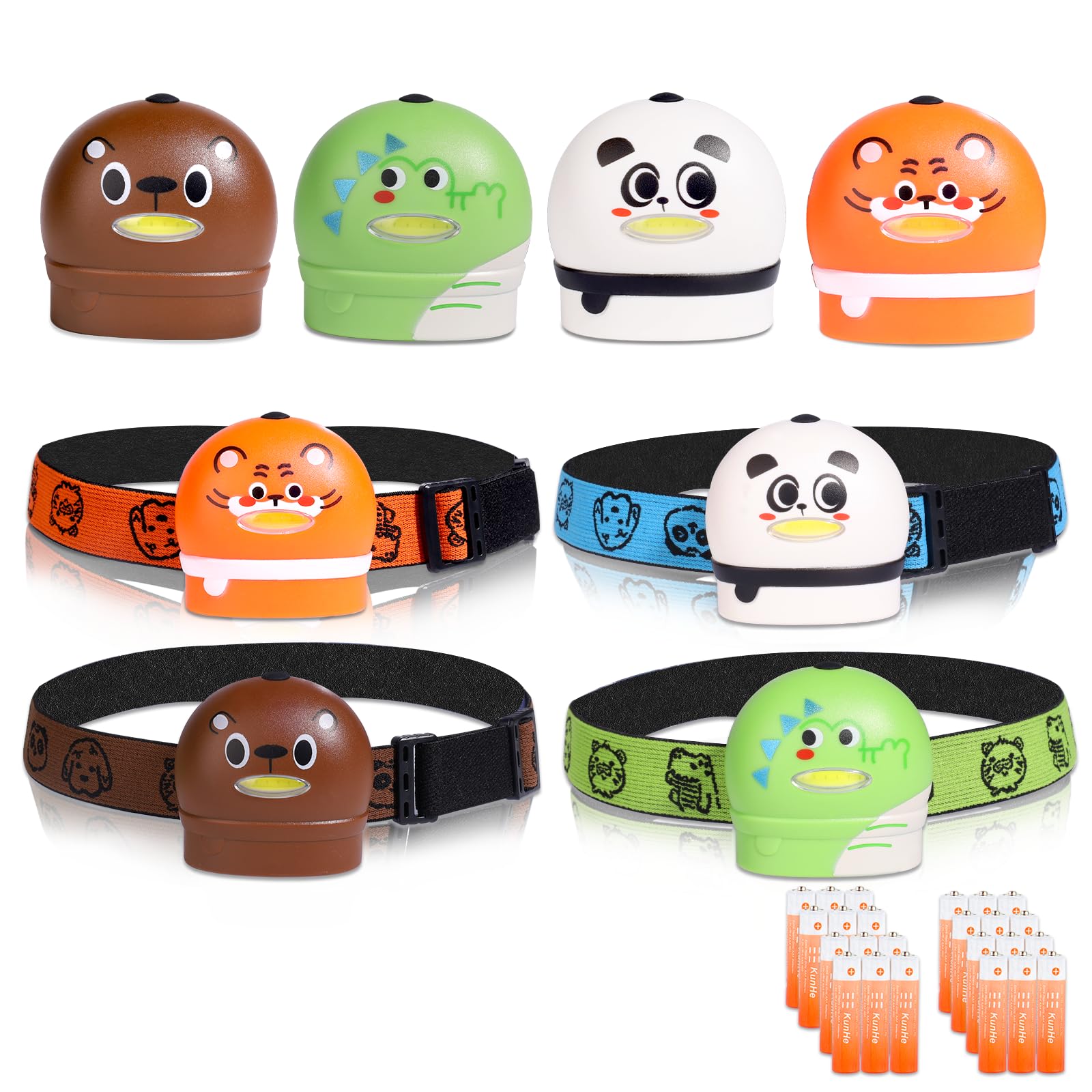 KunHe LED Kids Headlamp 8 Pack Adjustable Animal Designs for Camping, Running, Gifts - Model H4-8, Plastic, Batteries Included