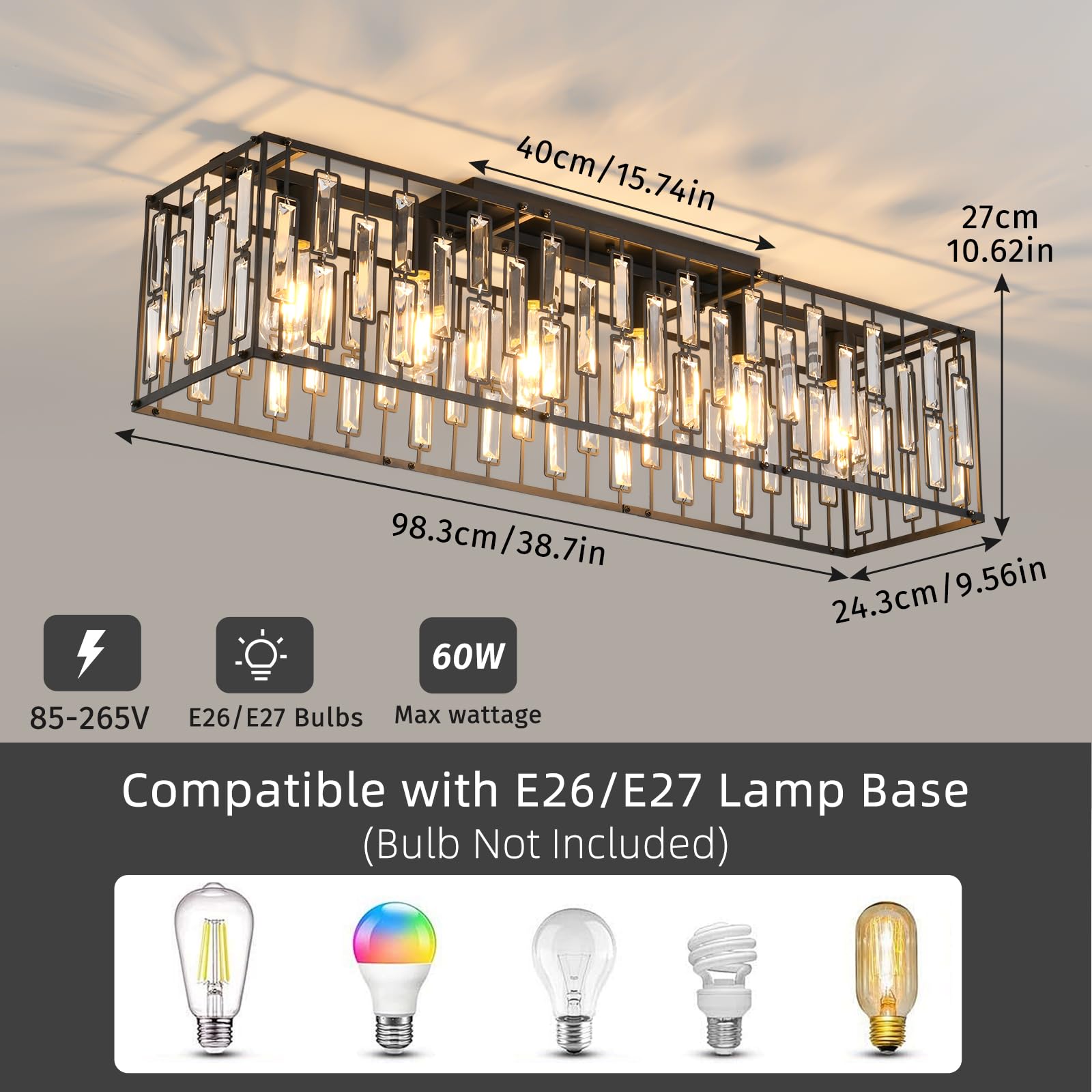 Garwarm 38.7" Modern Black Rectangle 6-Light Crystal Chandelier - Dining Room Flush Mount Light Fixture, Model TT-JD1002B-6