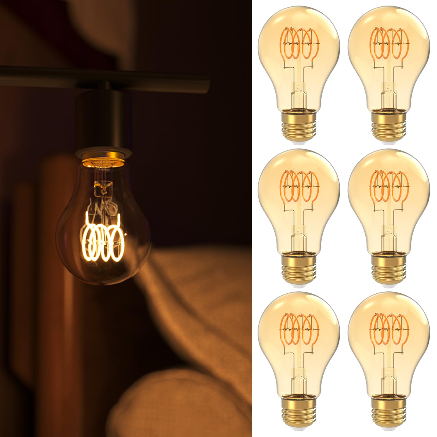 Sunco 6 Pack Vintage Led Edison Bulbs, E26 Spiral Filament Light, 5.5W=40W, 2200K Amber Light, Dimmable, 450 Lm, 25000 Lifetime 