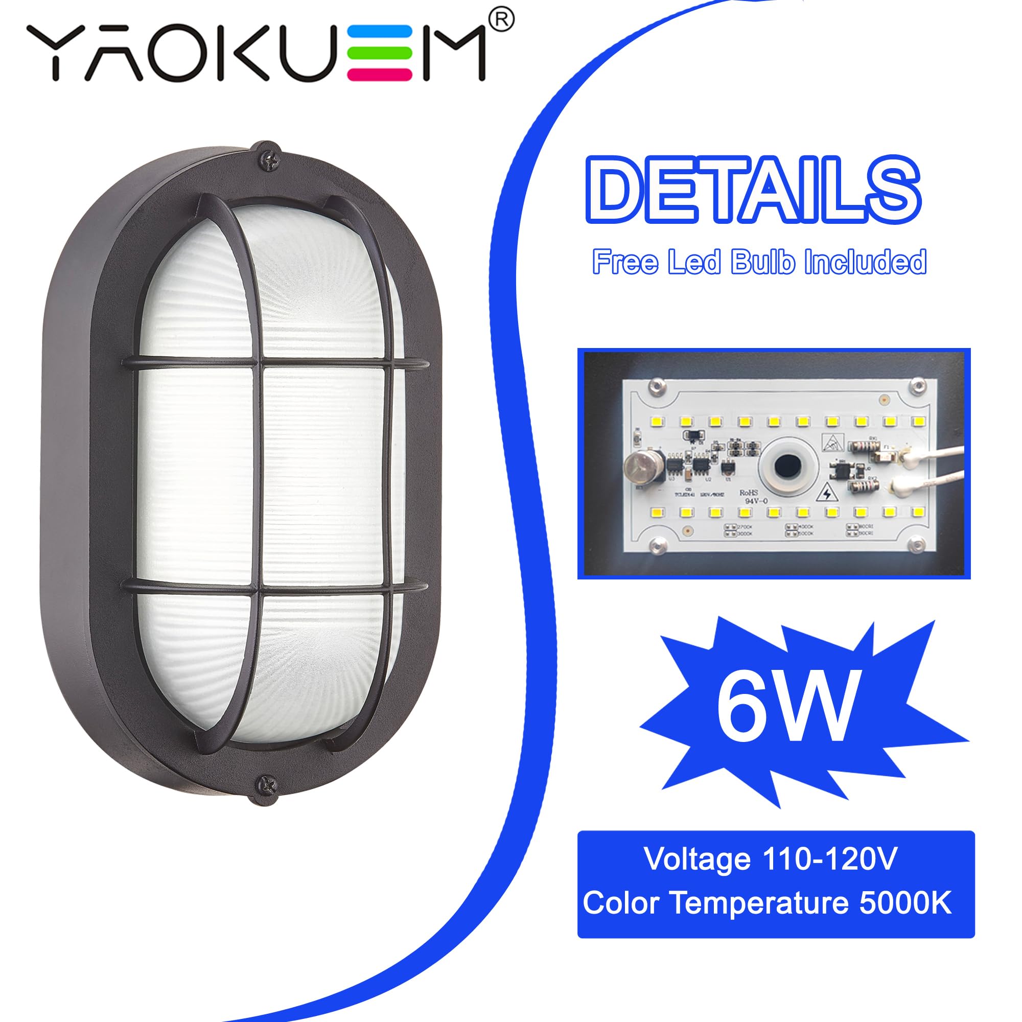 Yaokuem Outdoor Led Bulkhead Light Worked As Outdoor Flush Mount Ceiling Light, Wall Lantern, 6W 520Lumens 5000K Daylight, Dimma