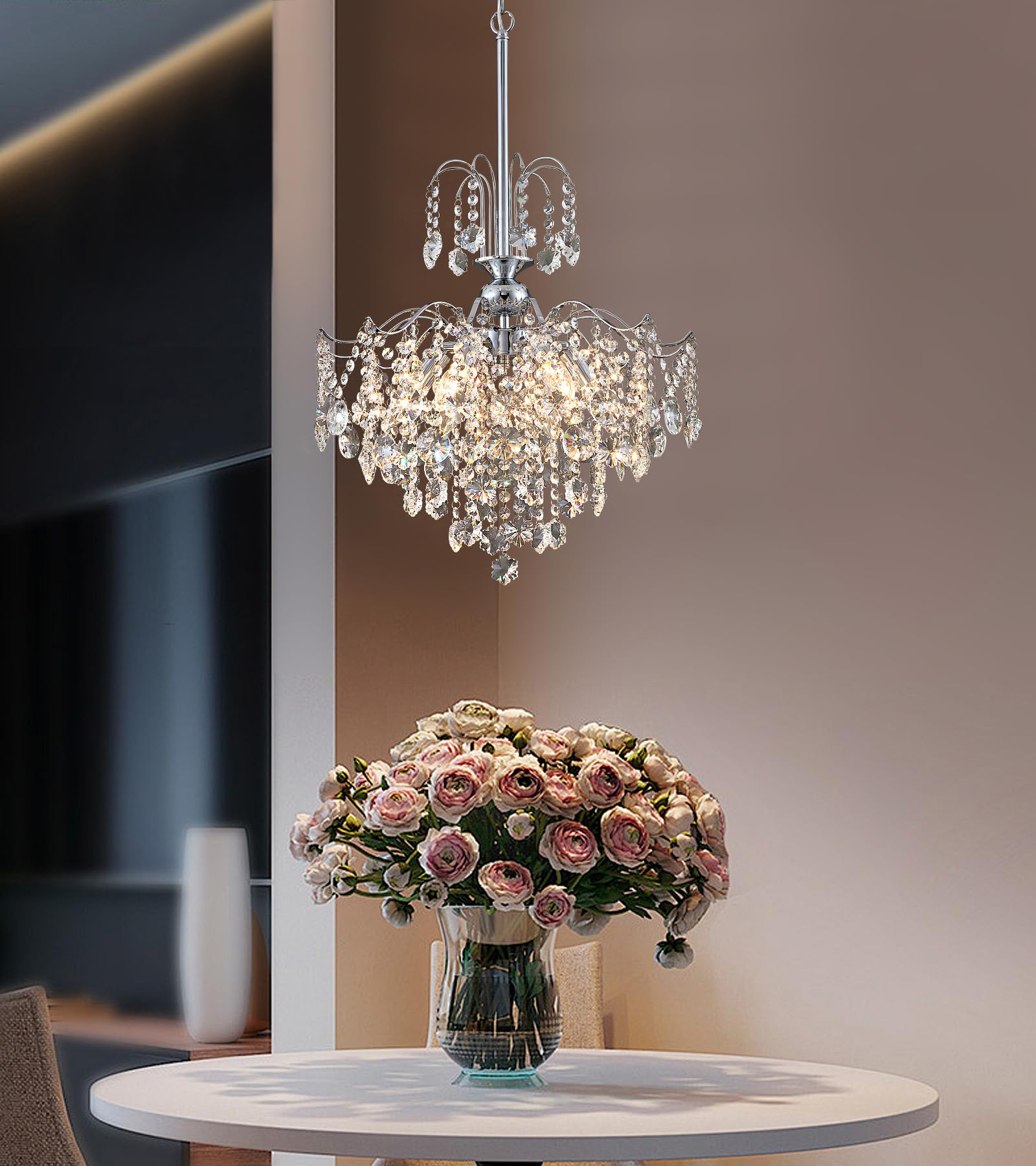 Q&S Modern Crystal Chandelier Pendant Light, 6 Lights, 17 IN, Chrome, Model P2001-6CH, UL Listed for Dining Room, Kitchen, Entryway