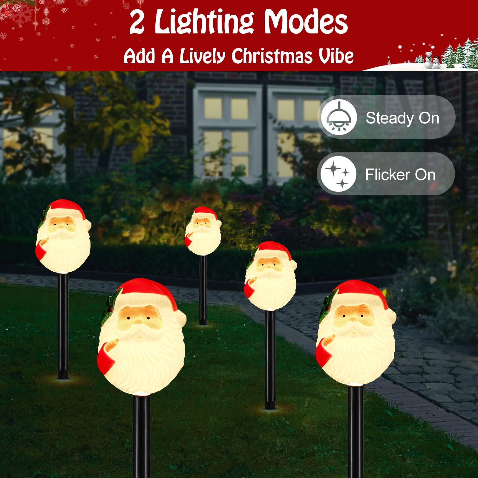 Lewondr Solar Christmas Pathway Lights, 5 Pack, Warm Light, Waterproof Santa Claus Decorations, Model HD250150