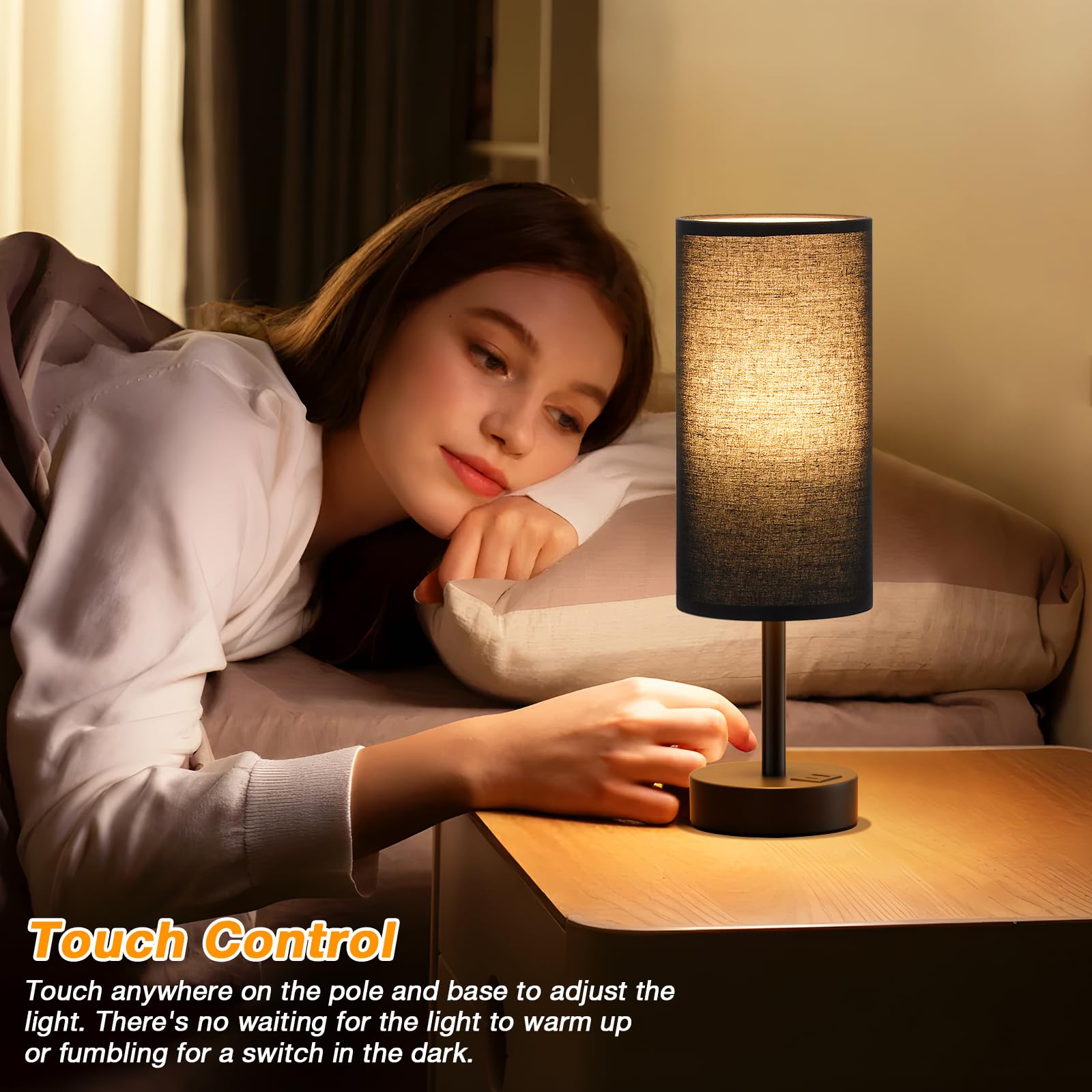Dicoool Black Touch Control Bedroom Lamp - 3 Way Dimmable, USB Charging Station, 14" Size, Perfect for Nightstand or Desk
