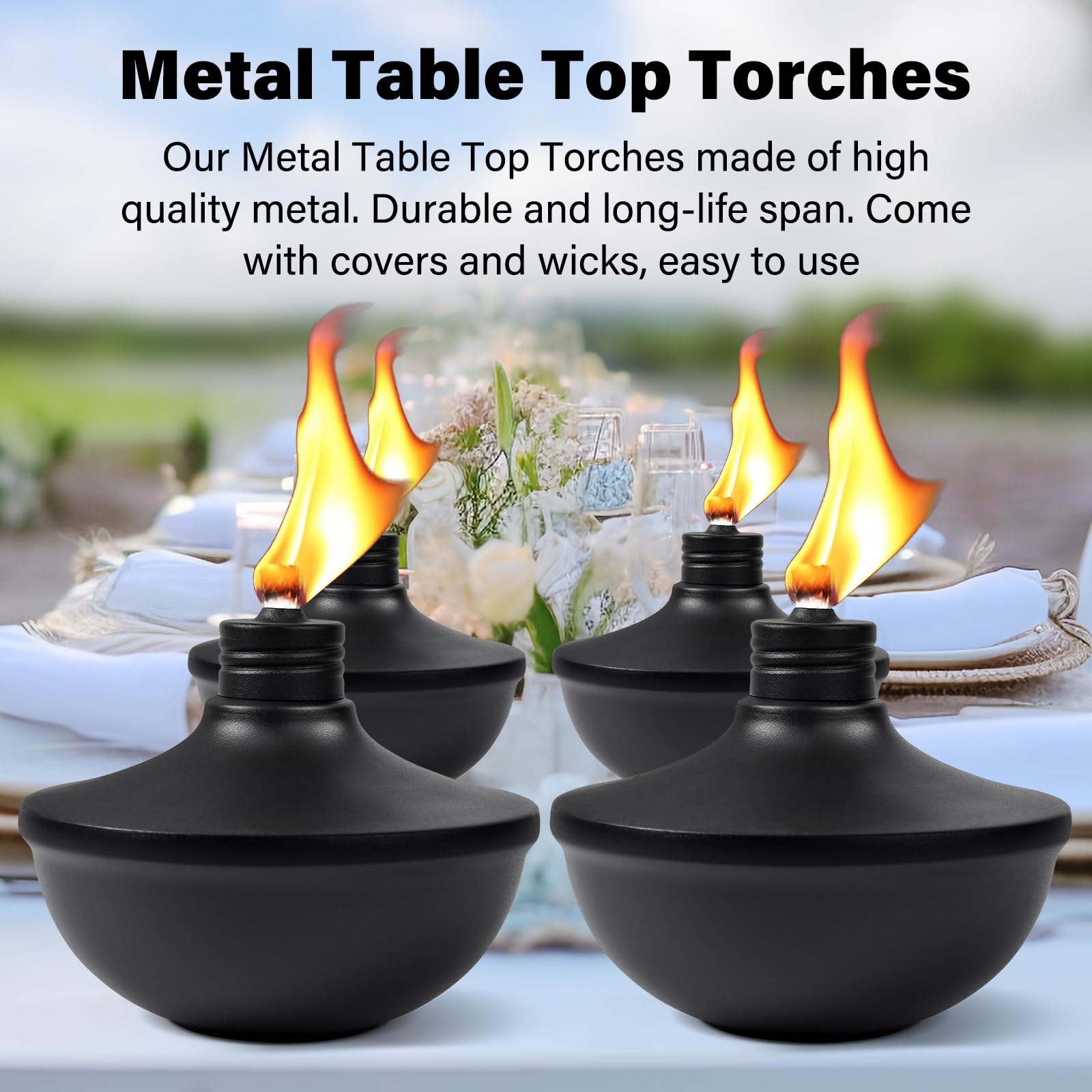 Fan-Torches 4-Pack Citronella Tabletop Torches, 24 Oz Refillable Metal Lights For Patio & Garden