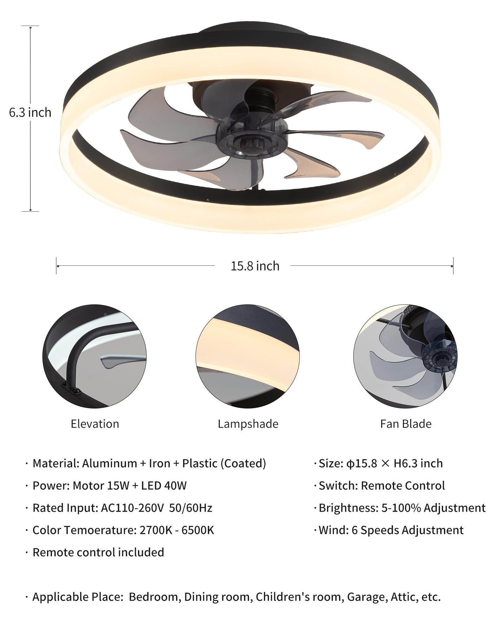 Pusu 15.8 Low Profile Led Ceiling Fans With Light  Reversible Flush Mount With Remote And 6 Winds Speeds Fan Lighting  3 Colors Dimmable For Bedroom  Garage  Kids  Dinning Room  Kitchen (Black)
