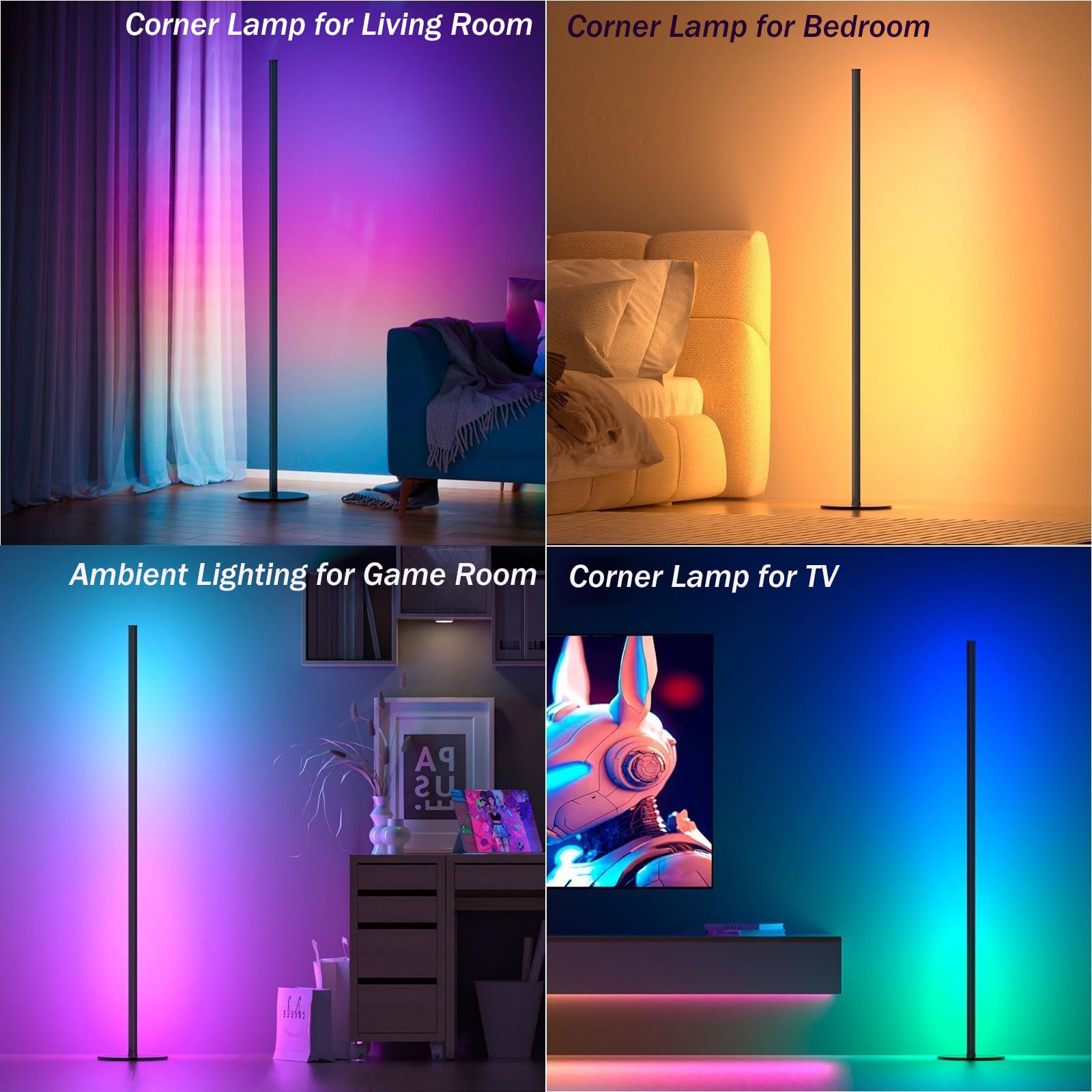 Rgb Corner Floor Lamp 2 Pack, Minimalist Standing Lamp With Remote Control, Music Sync 16 Million Colors, Warm White Ambient Lig