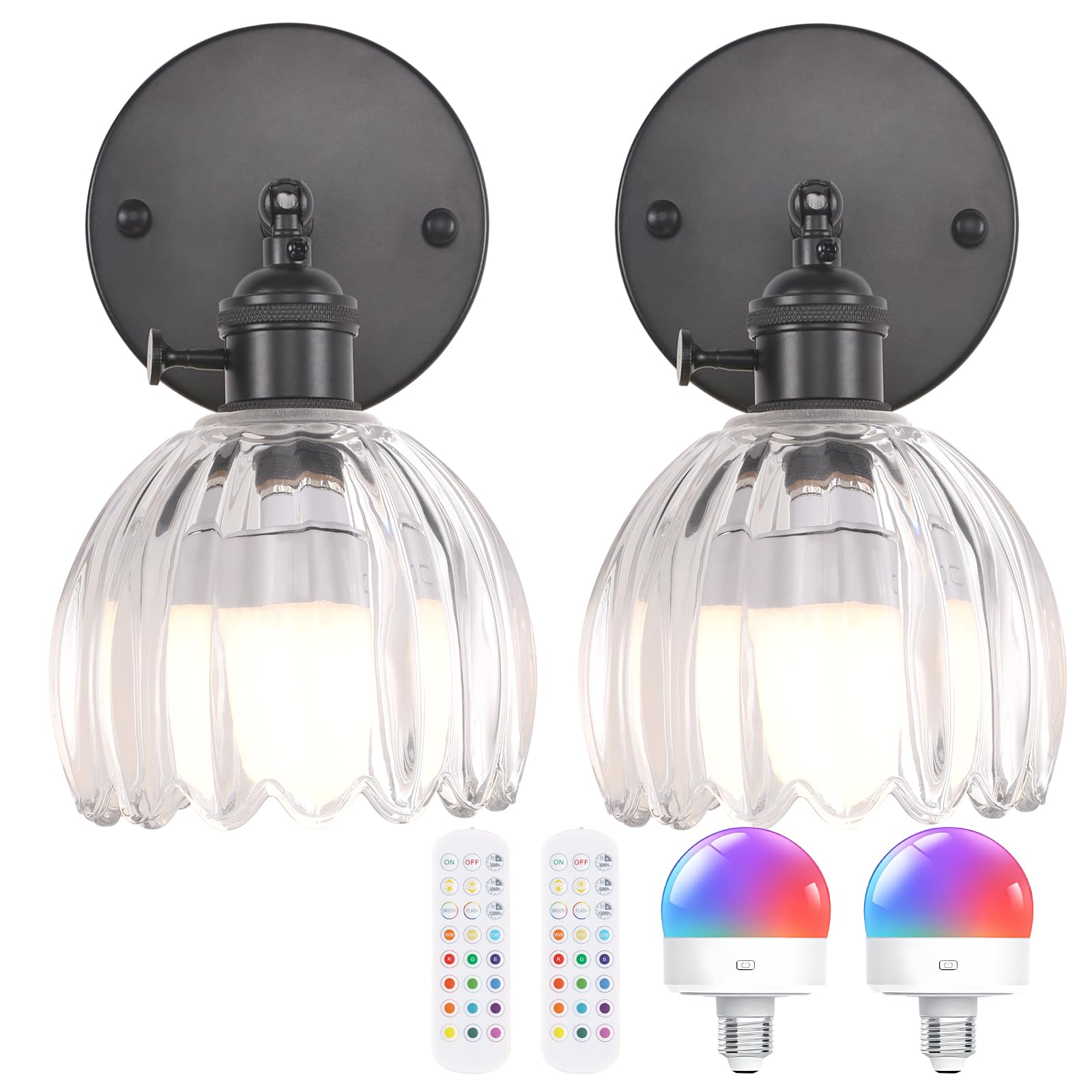 Shenmoyl Vintage Battery Operated Wall Sconce with Transparent Tulip Glass Lampshade Rechargeable Battery Powered Black Wall Light with Remote Control for Bedside Bedroom Doorway  Set of 2