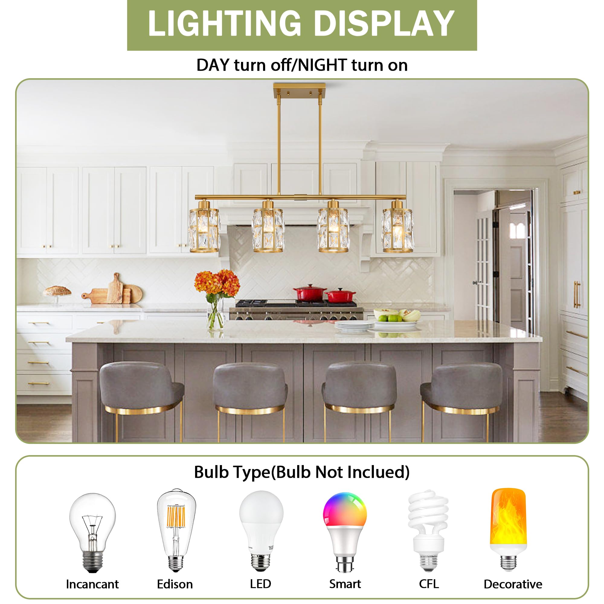 Mexo Crystal Pendant Light Fixture For Kitchen Island Dining Room, Farmhouse Chandelier Gold Close To Ceiling Lightings Over Tab