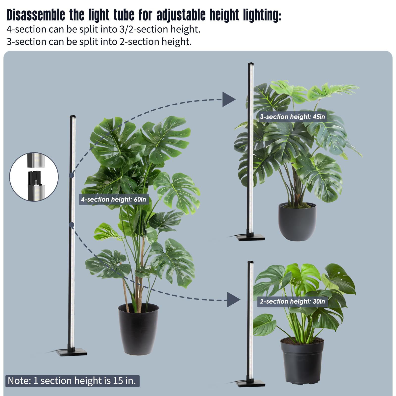 GLOWRIUM Standing Grow Light - 60in Full Spectrum, 3 Modes, Auto-Timer, Dimmable, Black, Model L-GC021