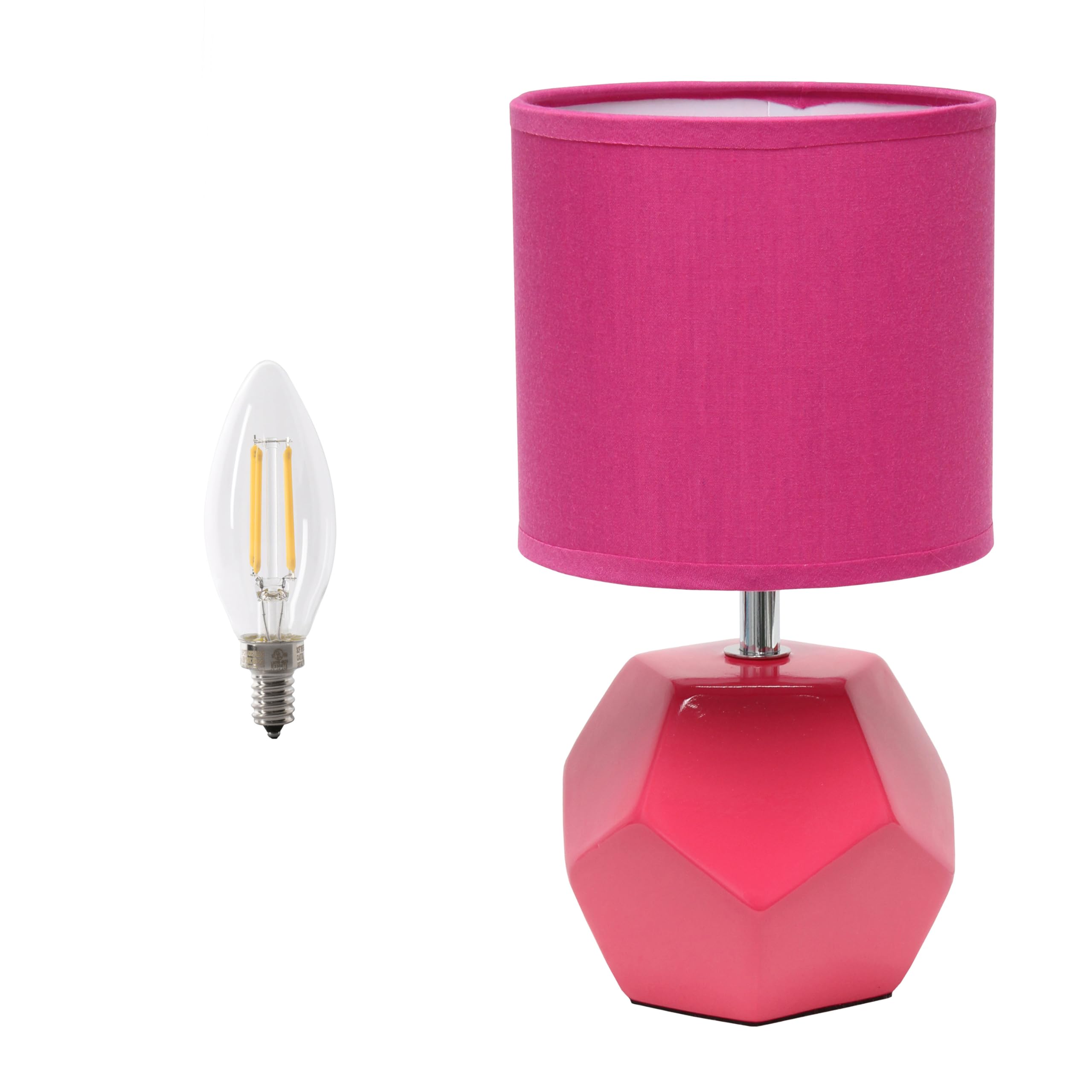 Simple Designs Lt2065-Pnk-Lb 10.24'' Round Geometric Prism Mini Table Lamp With Matching Fabric Shade, Led Bulb Included, Pink