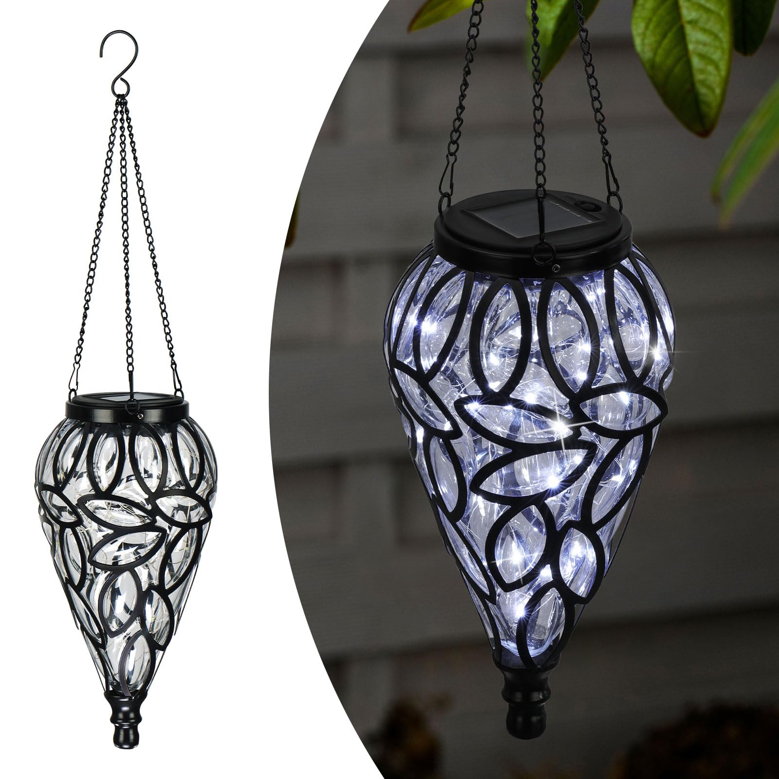 Solar Hanging Lantern Outdoor Lights, Tear-Shaped 15 LEDs Cool White Hanging Lights with S Hooks Decor in Garden, Yard, Pathway,