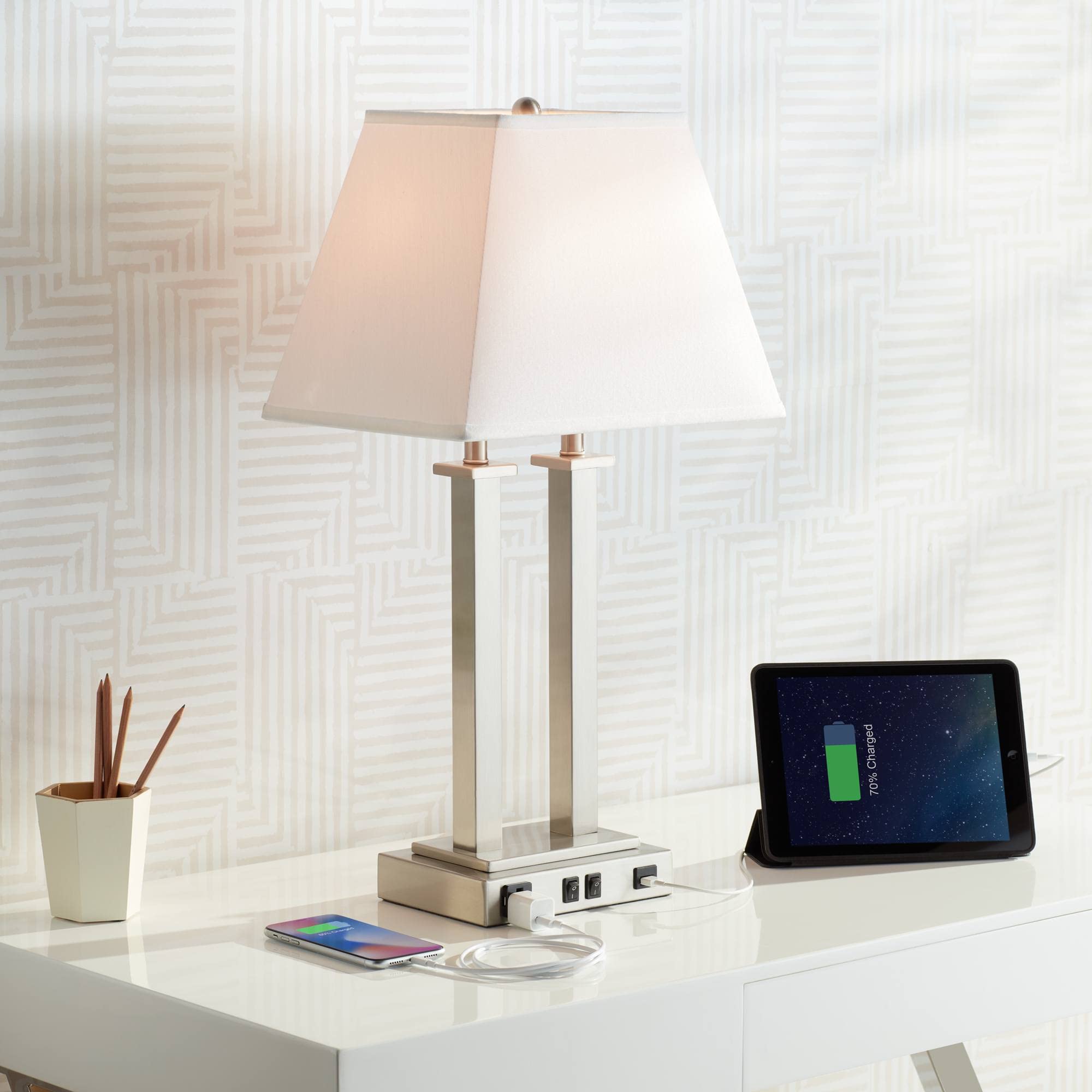 Possini Euro Design Amity Modern Table Lamp with USB & AC Outlet, 26in High, Brushed Nickel, White Linen Shade, Model 9G408