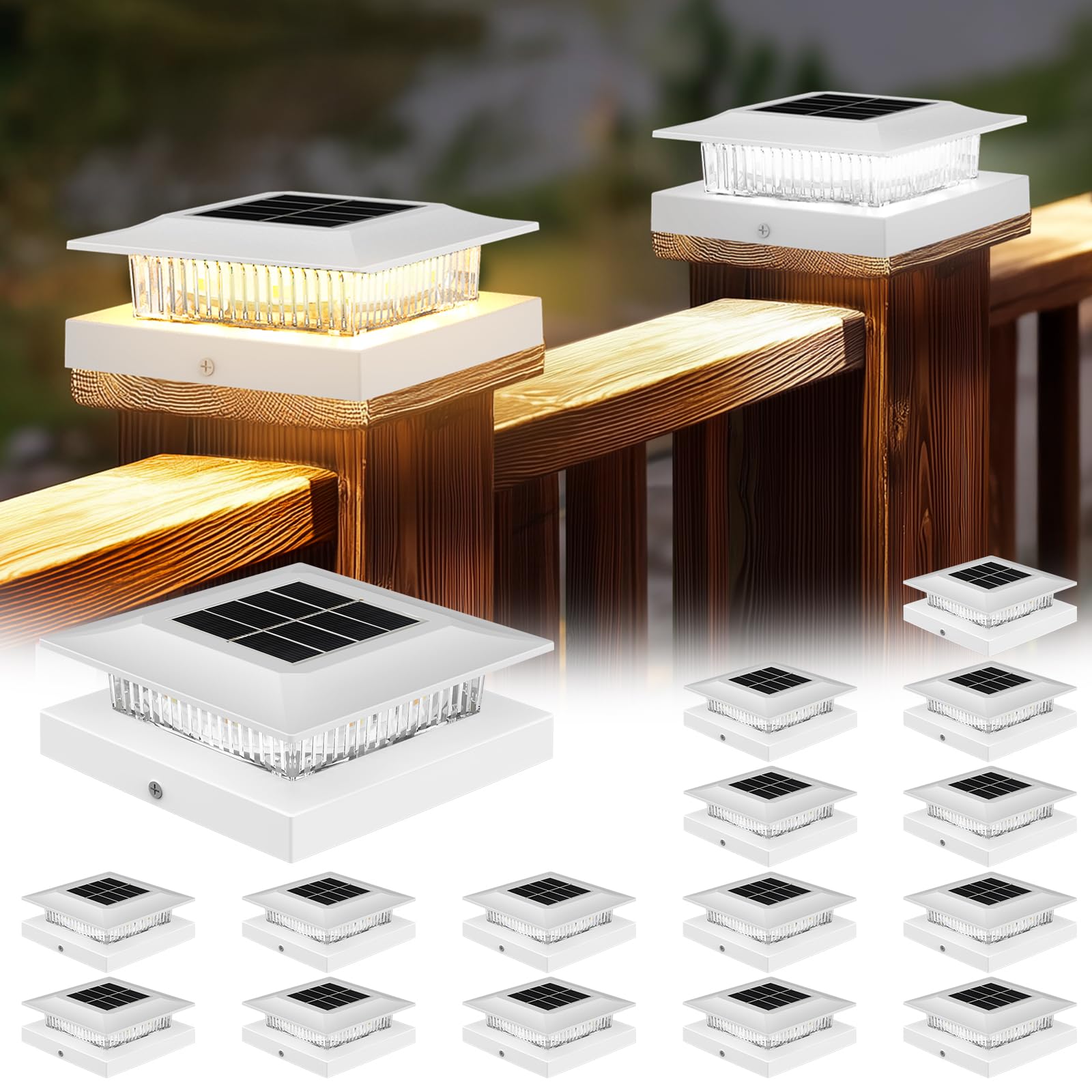 4x4 Solar Post Cap Lights 16 Pack  Fence Post Solar Lights with Warm White/Cool White  Only Fit 4x4 Wood/Vinyl Posts  Waterproof Outdoor Deck Post Light for Deck  Fence  Porch(White)