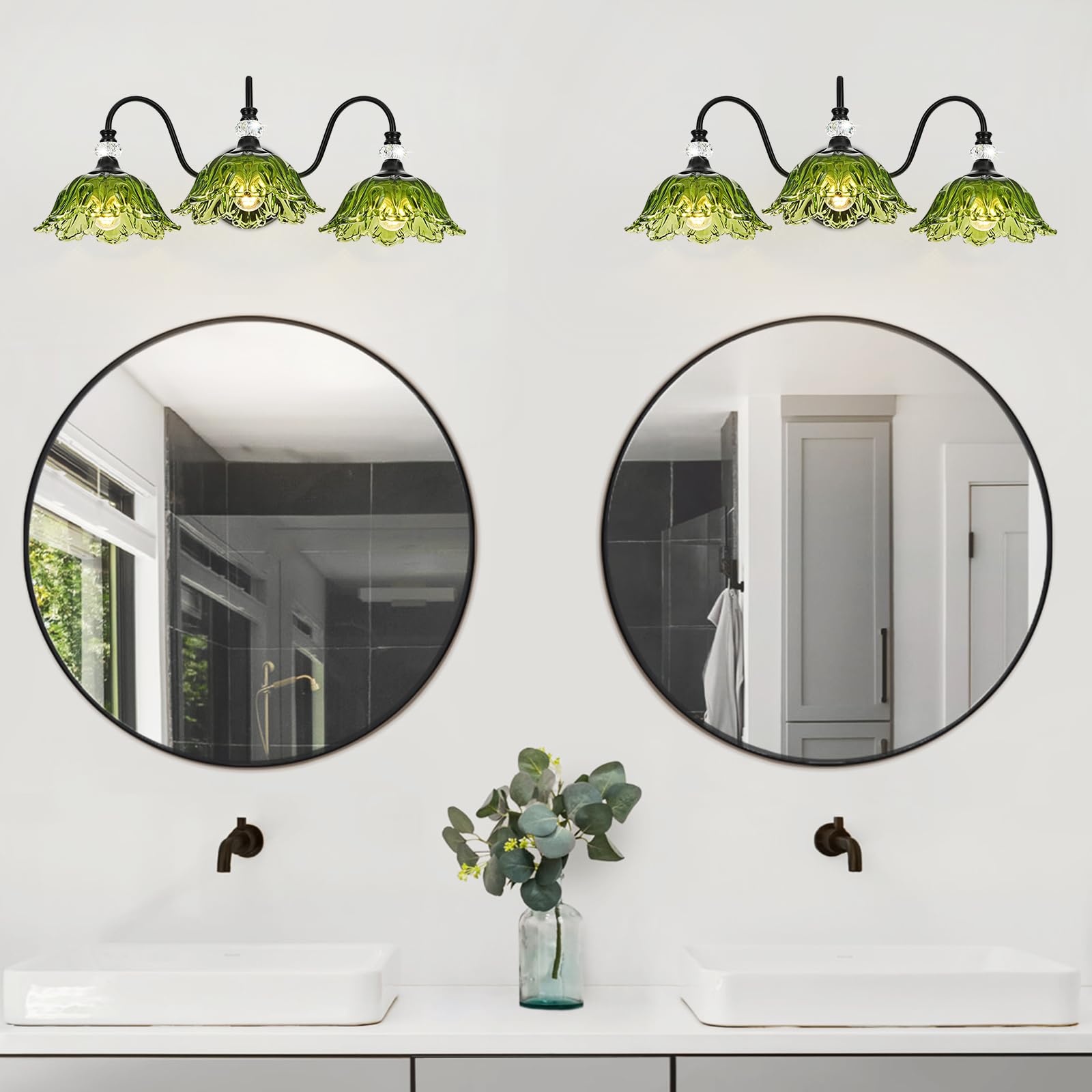 Sunkryster Black Bathroom Vanity Light 3-Light Vanity Light With Floral Green Glass Shades Vintage Farmhouse Wall Mount Lighting For Bathroom  Dressing Table