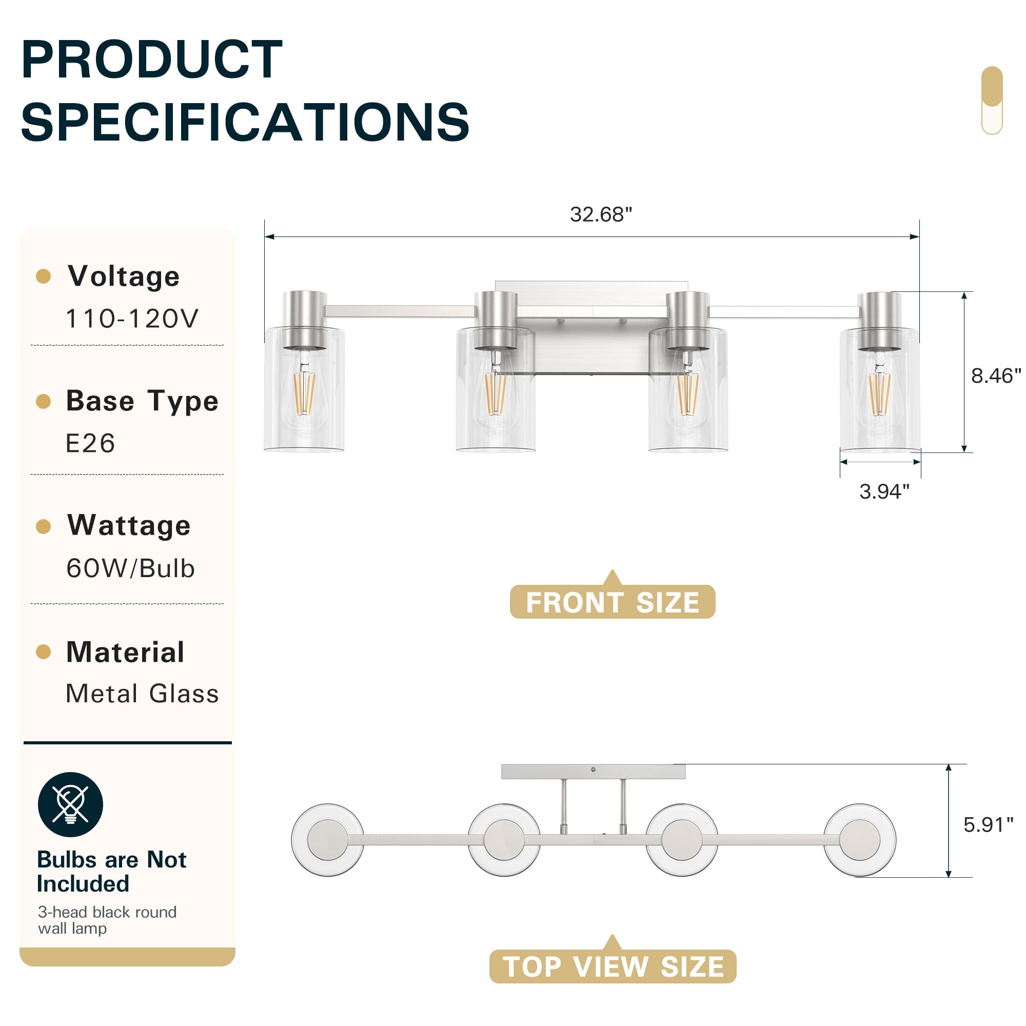 Esfos 4-Light Modern Vanity Light Fixtures Over Mirror, Brushed Nickel Bathroom Light Fixtures, Vanity Lights, Wall Sconce With
