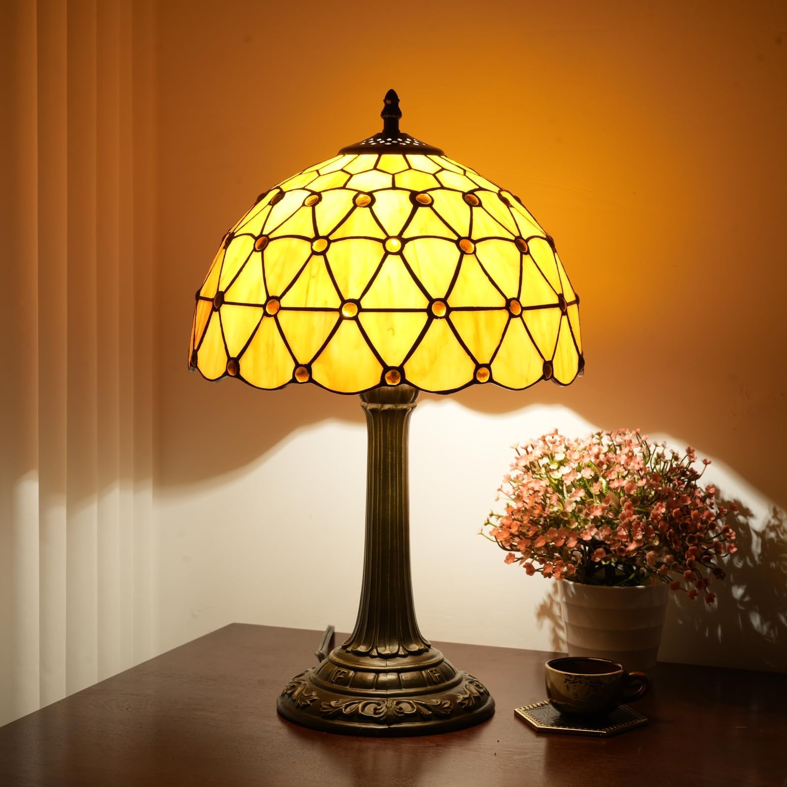 Tiffany Lamp Vintage Bead Orange Table Lamps Bedside for Bedroom Dector Stained Glass Lamps Living Room end Office Kitchen Hotel