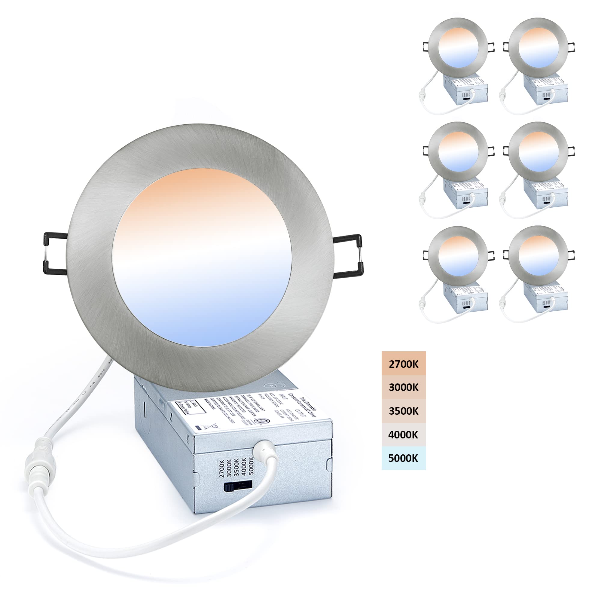 POPANU LED Canless Downlight 4-Inch 5 CCT Dimmable Brushed Nickel, Model: POPANU-4INCH-5CCT, 6 Pack