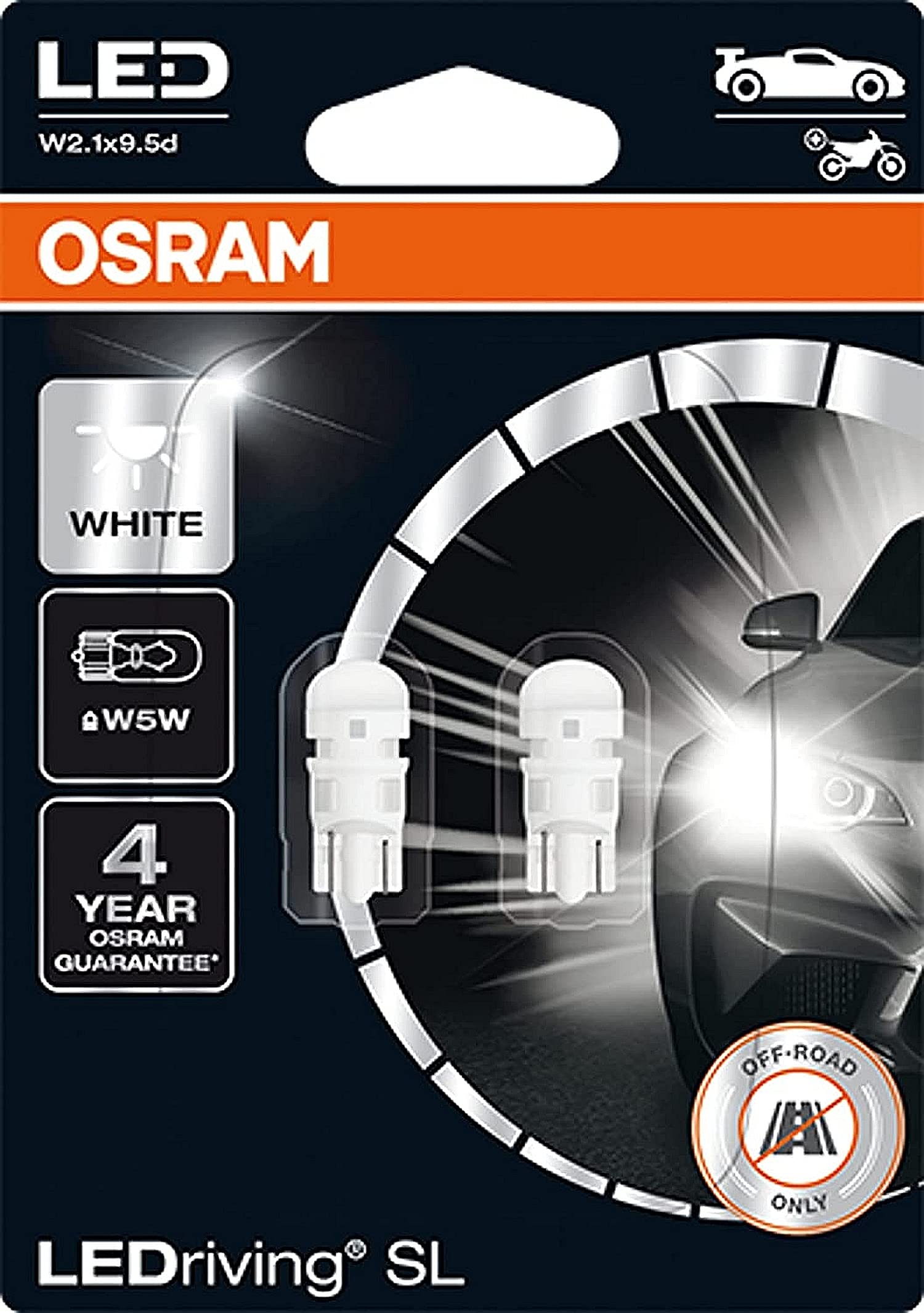 Osram Ledriving Sl W5W Led Lamps, 6000K White, H1 Size, Offroad Use, Model 2825Dwp-02B (Blister Pack Of 