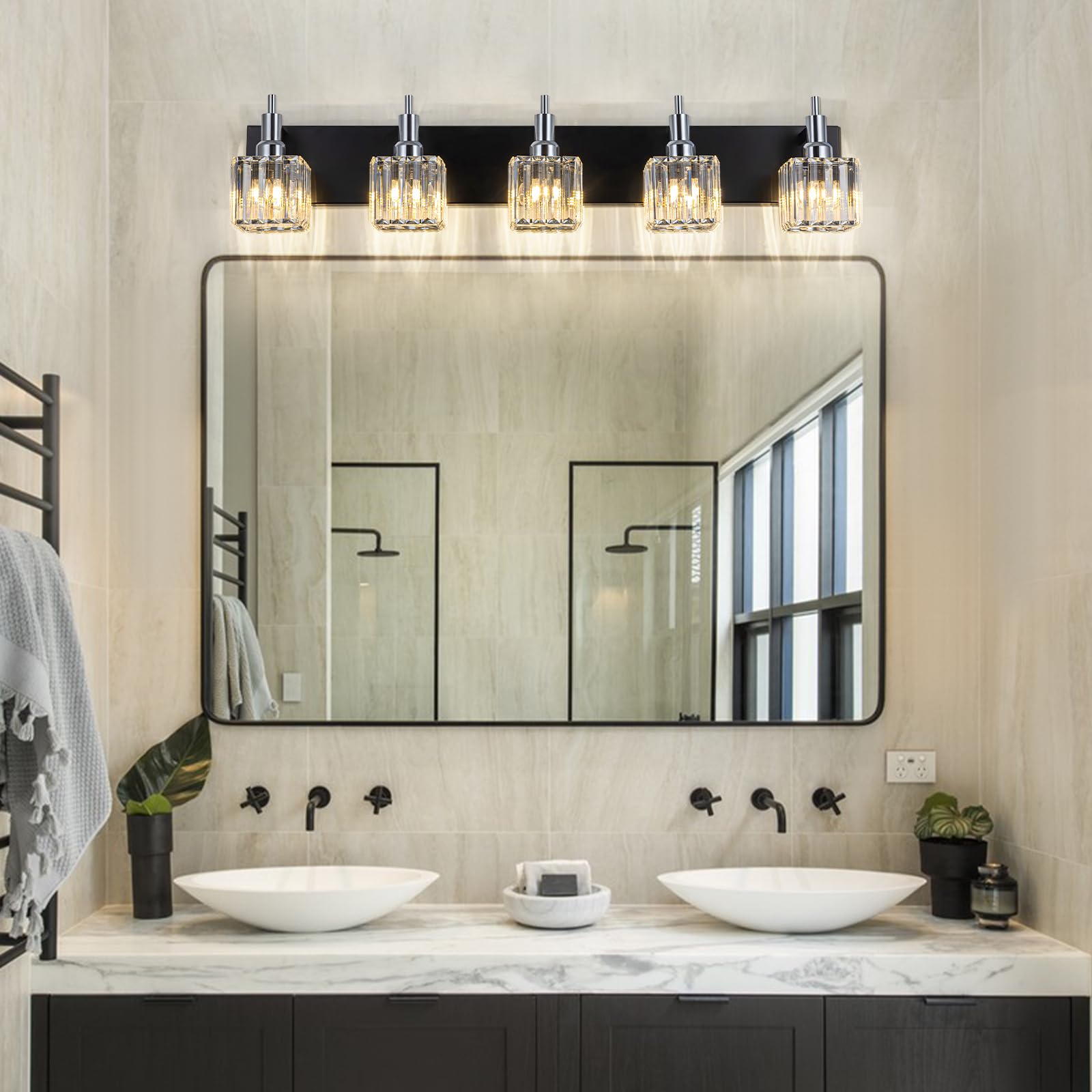 HUOKU Bathroom Vanity Lights, 5-Light Modern Crystal Wall Light, Black Chrome with Square Shade, Metal and Crystal