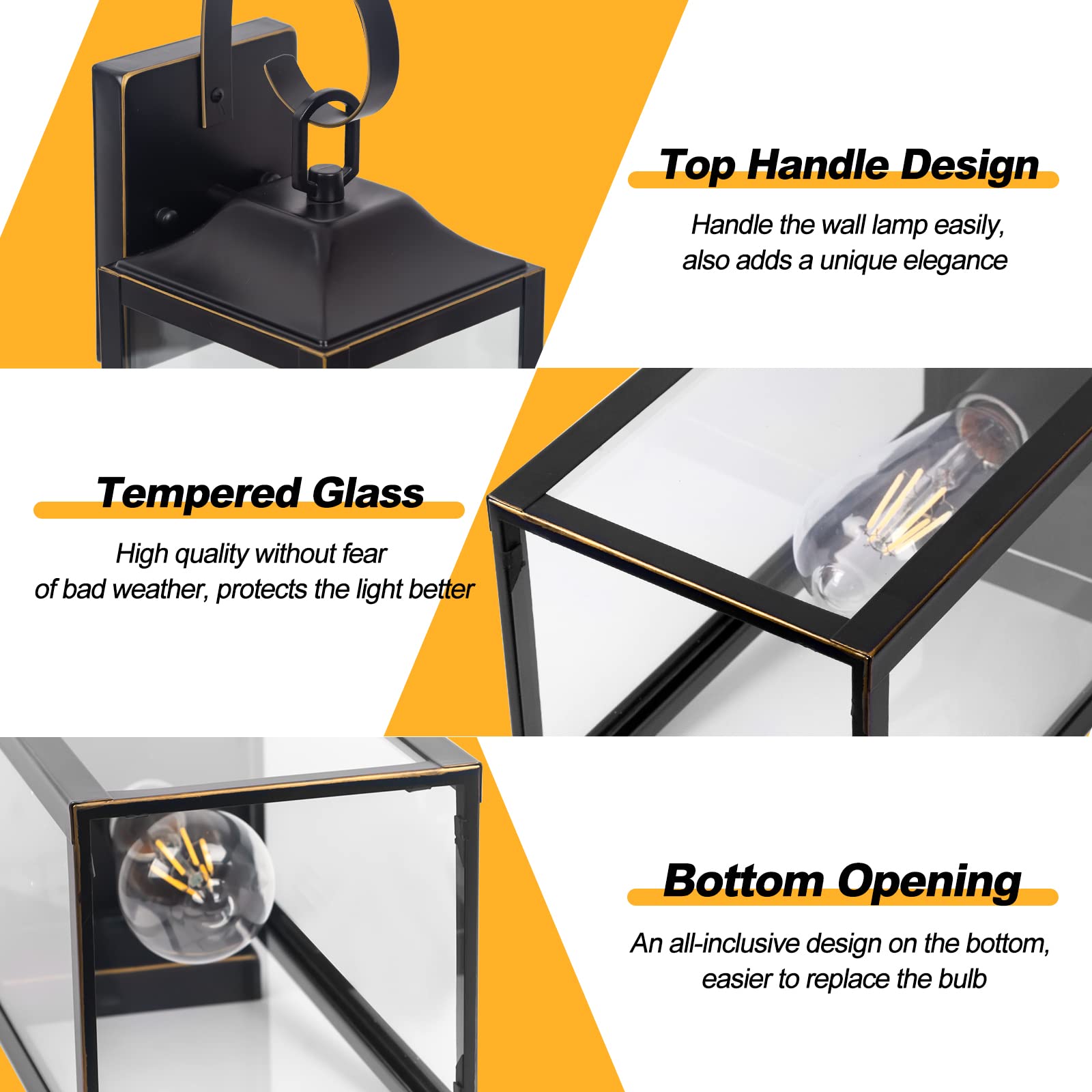 Yolsunes Black Outdoor Wall Light, 19&quot; Farmhouse Sconce, Waterproof Metal Lantern With Gold Trim