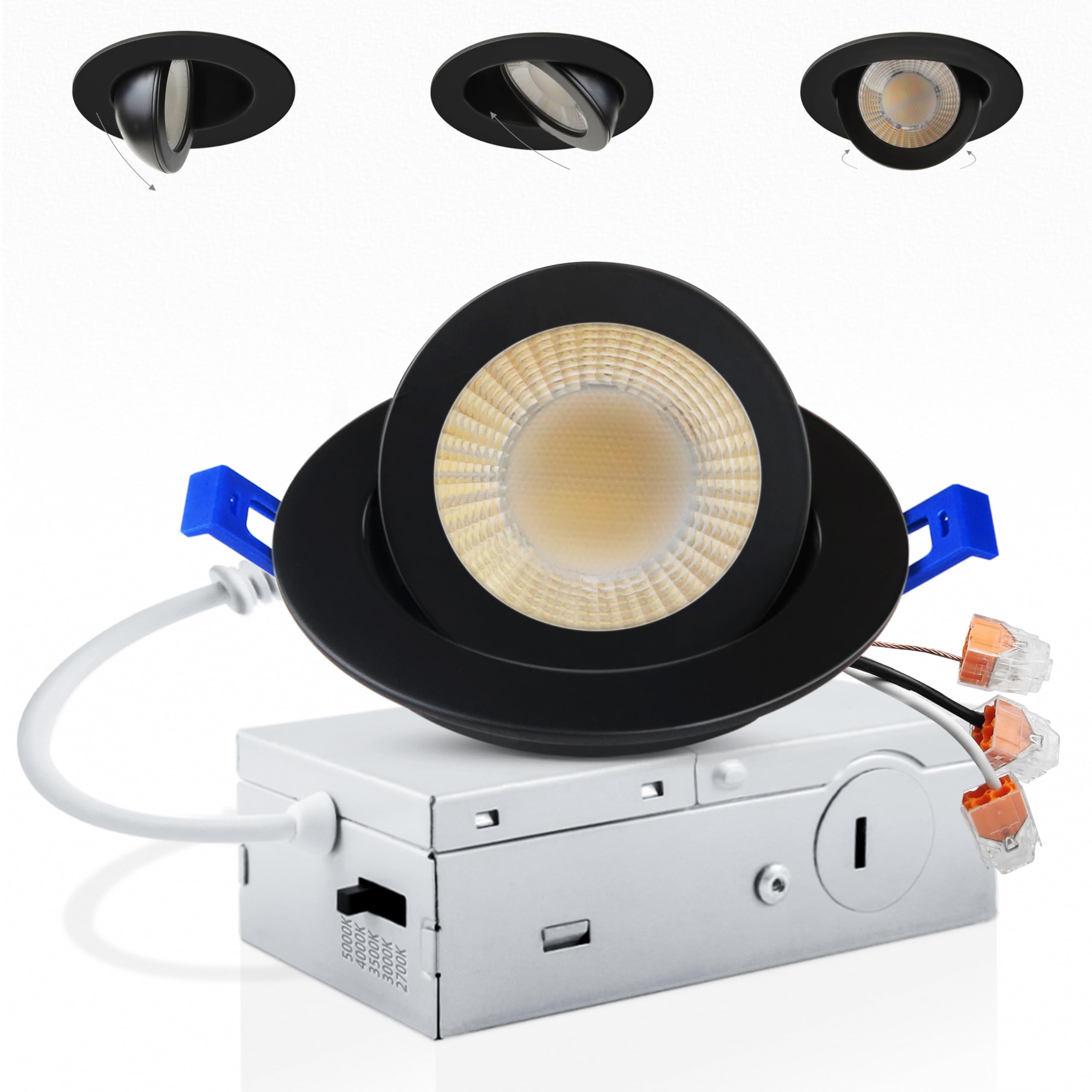 Adetu 3 Inch Gimbal Black Led Recessed Lighting, 360+90 Adjustable Directional Led Recessed Lights, 2700K/3000K/3500K/4000K/5000