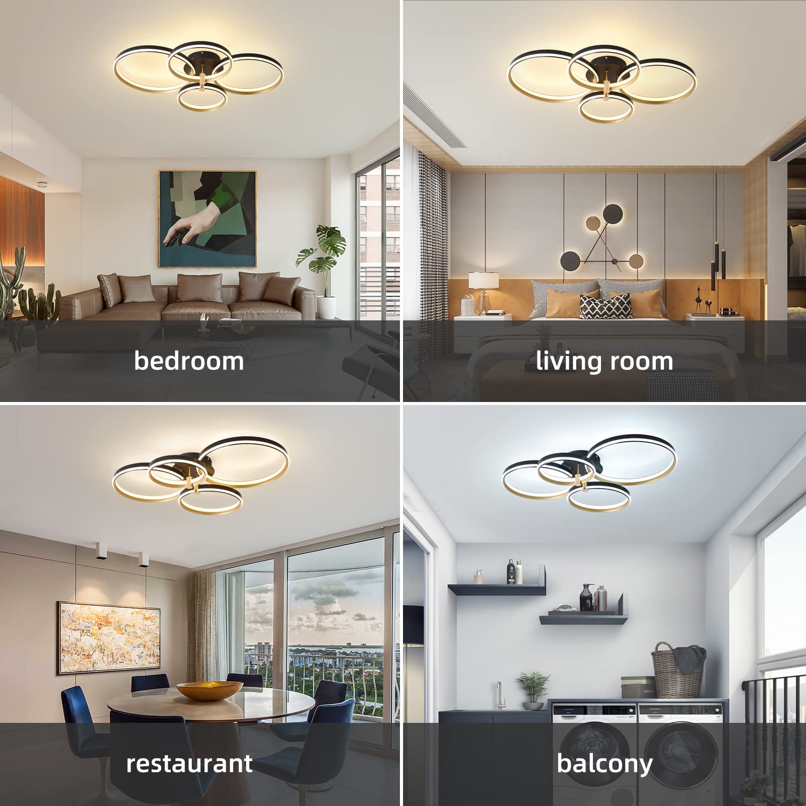 Ganeed Dimmable LED Ceiling Light Modern 4 Rings Ceiling Lamp with Remote Control,60W Gold Flush Mount Ceiling Lights for Living