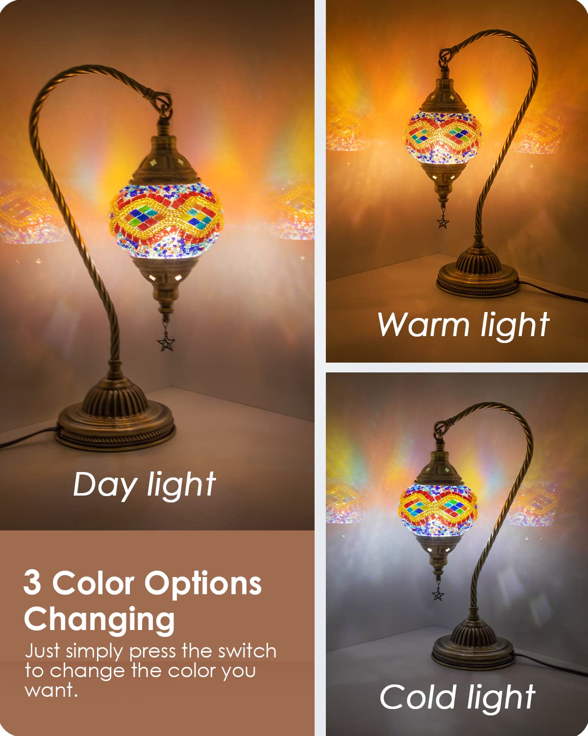 Yarra-Decor Turkish Moroccan Lamp, Handmade Tiffany Mosaic Glass, Bronze Base, LED Bulb Included, Orange2 Color