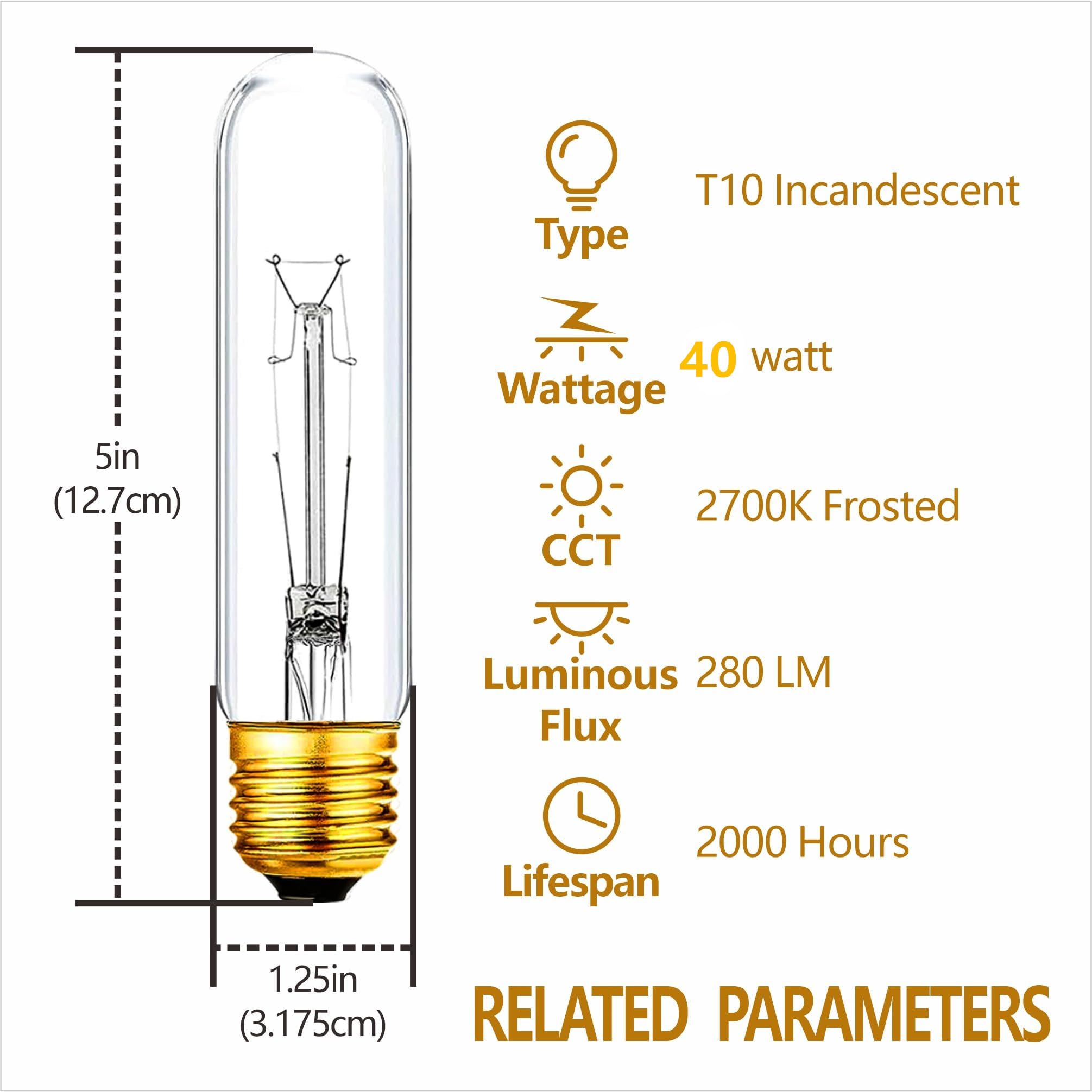 MMBGJKG 40W T10 Clear Tubular Incandescent Light Bulbs, Vintage Style, Dimmable, 4PC Set, Perfect for Desk Lamps & Chandeliers, White