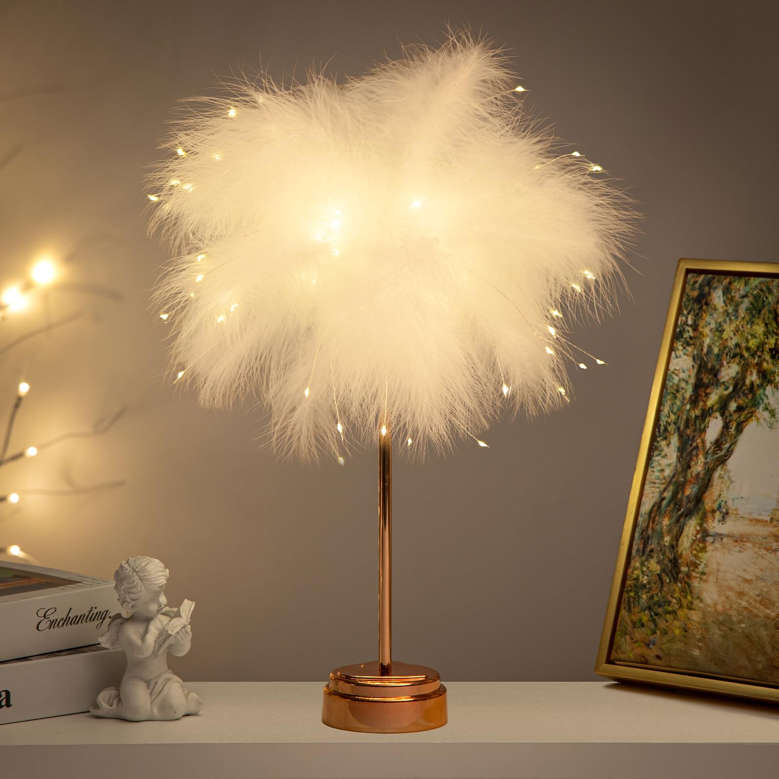 BDUSXYZ White Feather Lamp - LED Atmosphere Feather Night Lights Bedside Lamps for Mother, Girlfriend Home Girl Room Wedding Dec
