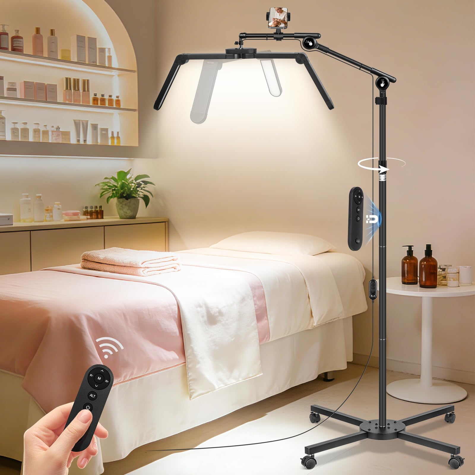 KIRKAS Half Moon Light for Eyelash Extensions Tattoo Artists, Upgrad LED Lash Tech Light with 4 Wheel Rolling Base, Large Floor 