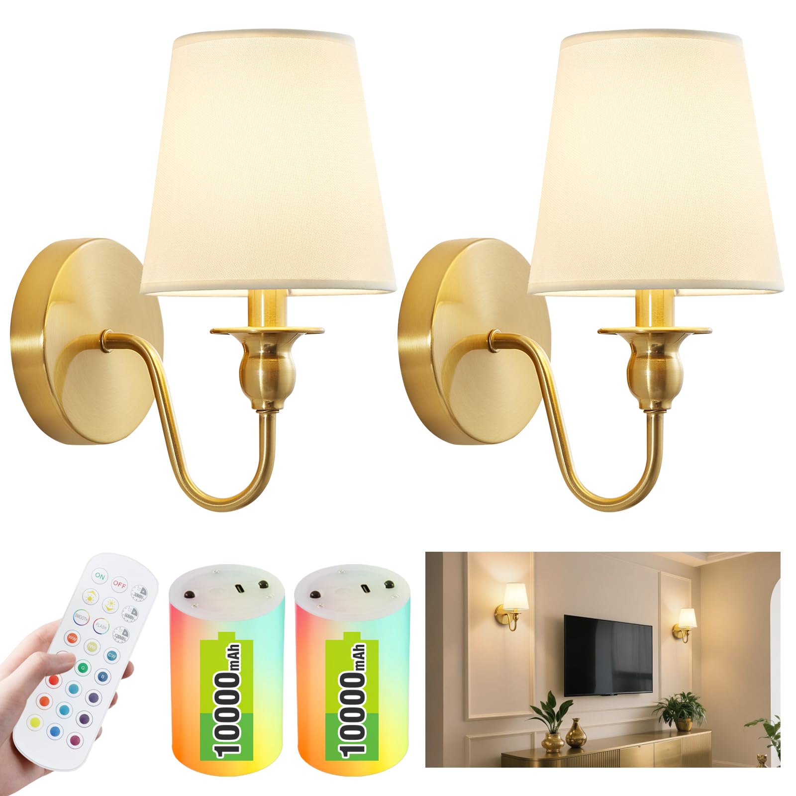 Battery Operated Wall Sconce Set of 2,Wireless Wall Sconces with 10000 mAh,RGB Rechargeable Sconces with Remote,Cordless Wall Li