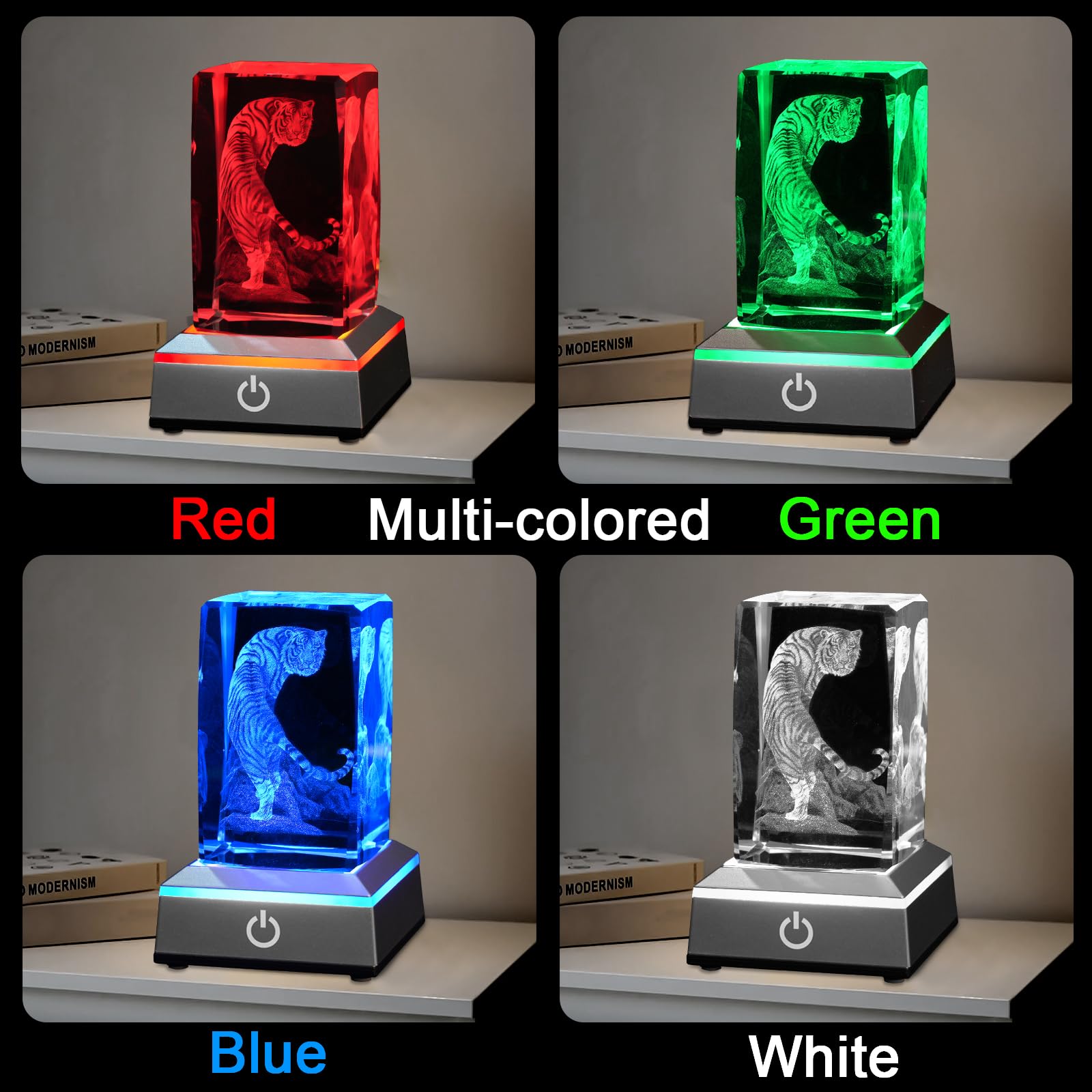Eicxjui 3D Tiger Crystal Night Light With Multicolor Led Base Glass Laser Engraved White Tiger Lamp Figurines Gifts For Boys Gir