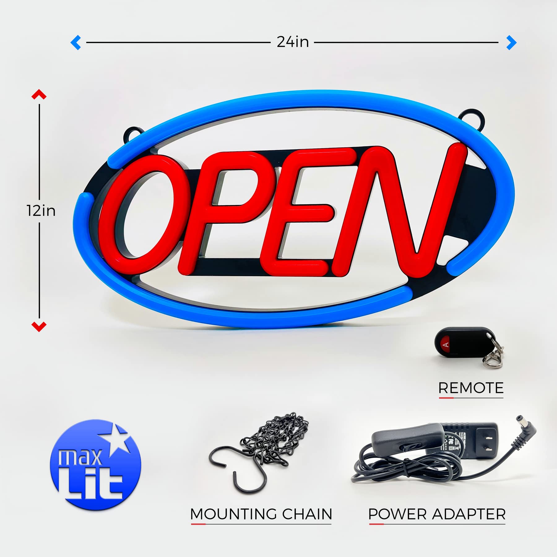 MaxLit- Oval Shaped LED Tube Neon Open Sign -Large Size -24 X 12 (Blue/Red)