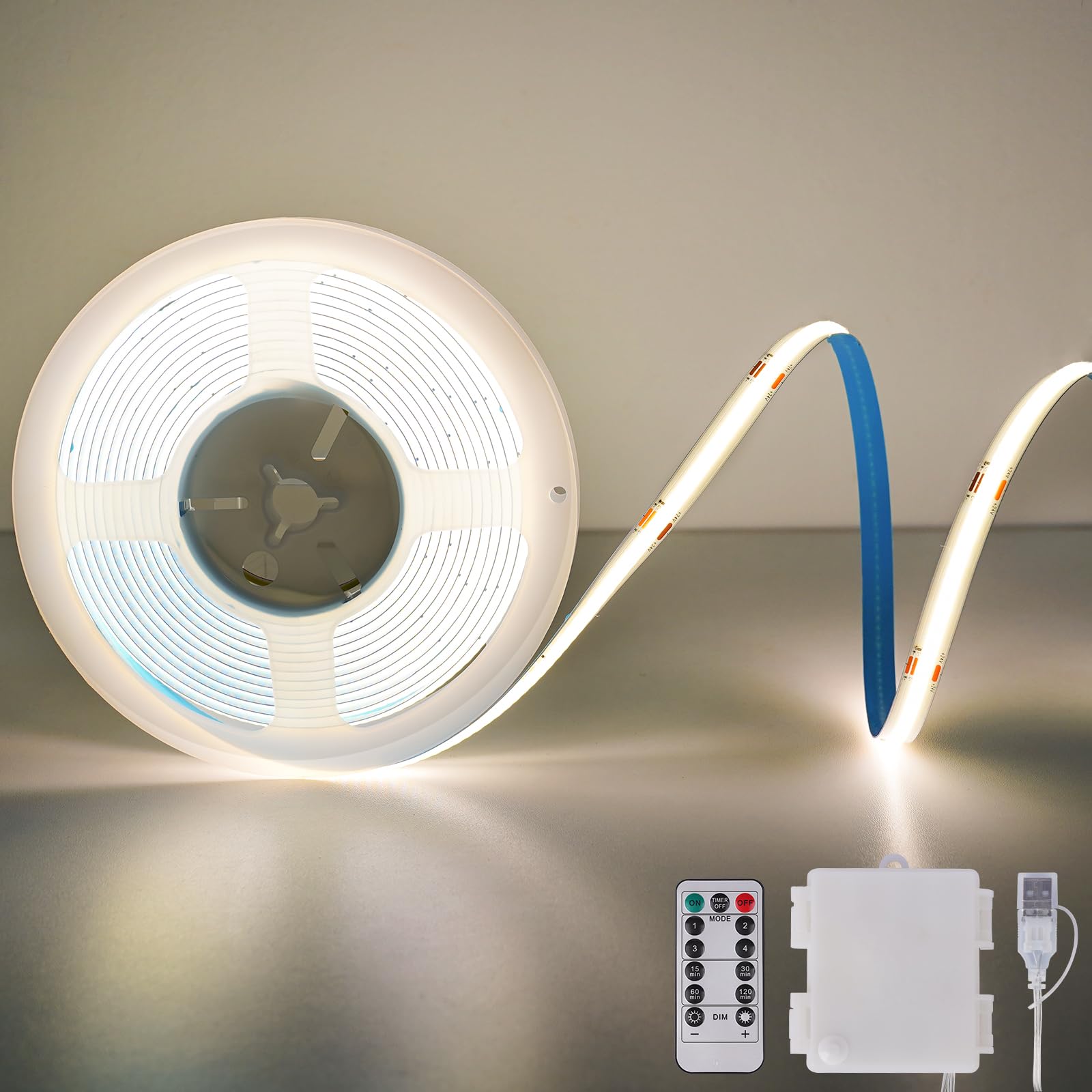 OMIKA COB LED Light Strip, 6.56FT, 640LED, 4000K Natural White, Battery Powered, Flexible, Dimmable, Model MKR-BO-68