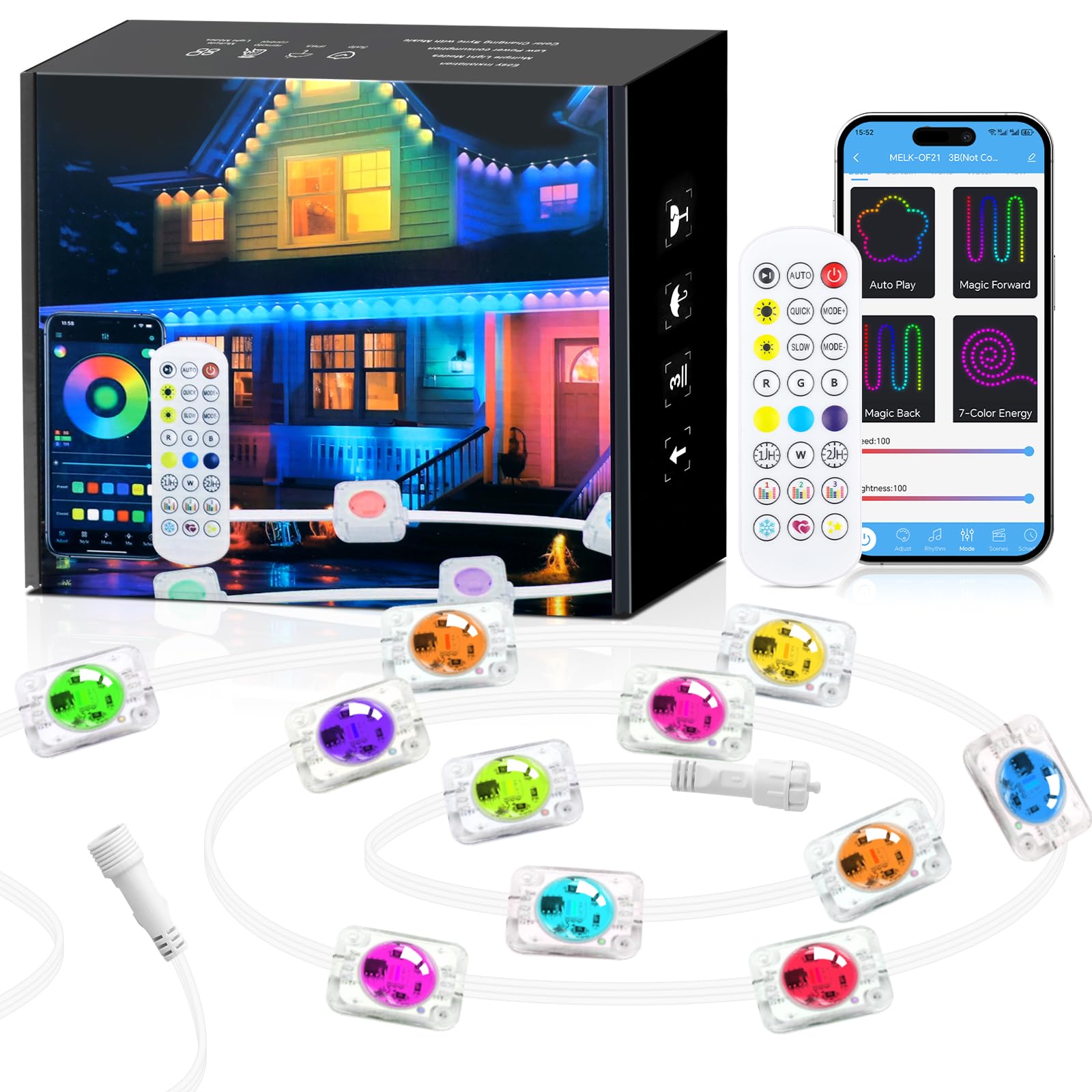 KISUFU 150FT RGB+IC Smart Outdoor Lights, IP68 Waterproof, Remote Control, ABS Material, Model LED725-US, White